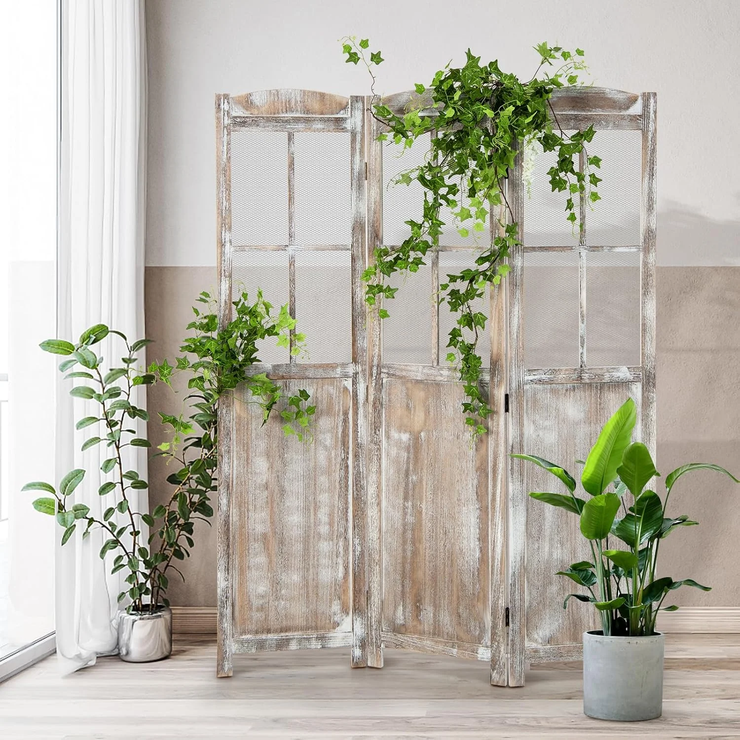 GOFLAME 3-Panel Folding Room Divider, 6FT Paulownia Wood Privacy Screen with Mesh Window, Natural Rustic Freestanding Wall Divider Partition for Room Separation, No Assembly Required