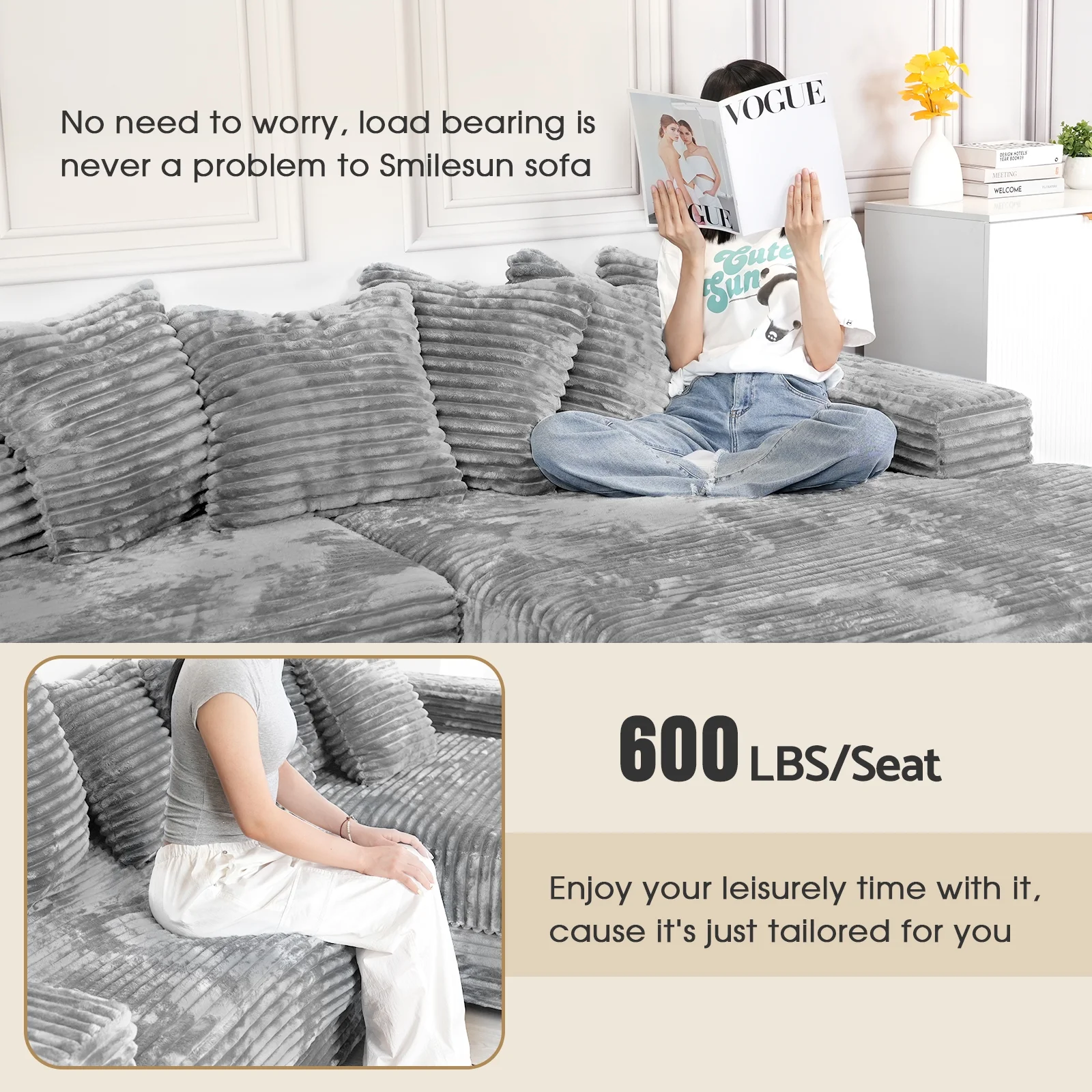 Advwin 110" Oversized L Shaped Sofa with Chaise, Comfy Plush 2-Piece L-Shaped Sectional Couches with 8 Pillows, Soft Fluffy Upholstered Sofa Bed for Living Room Apartment Bedroom, Light Gray - Image 15