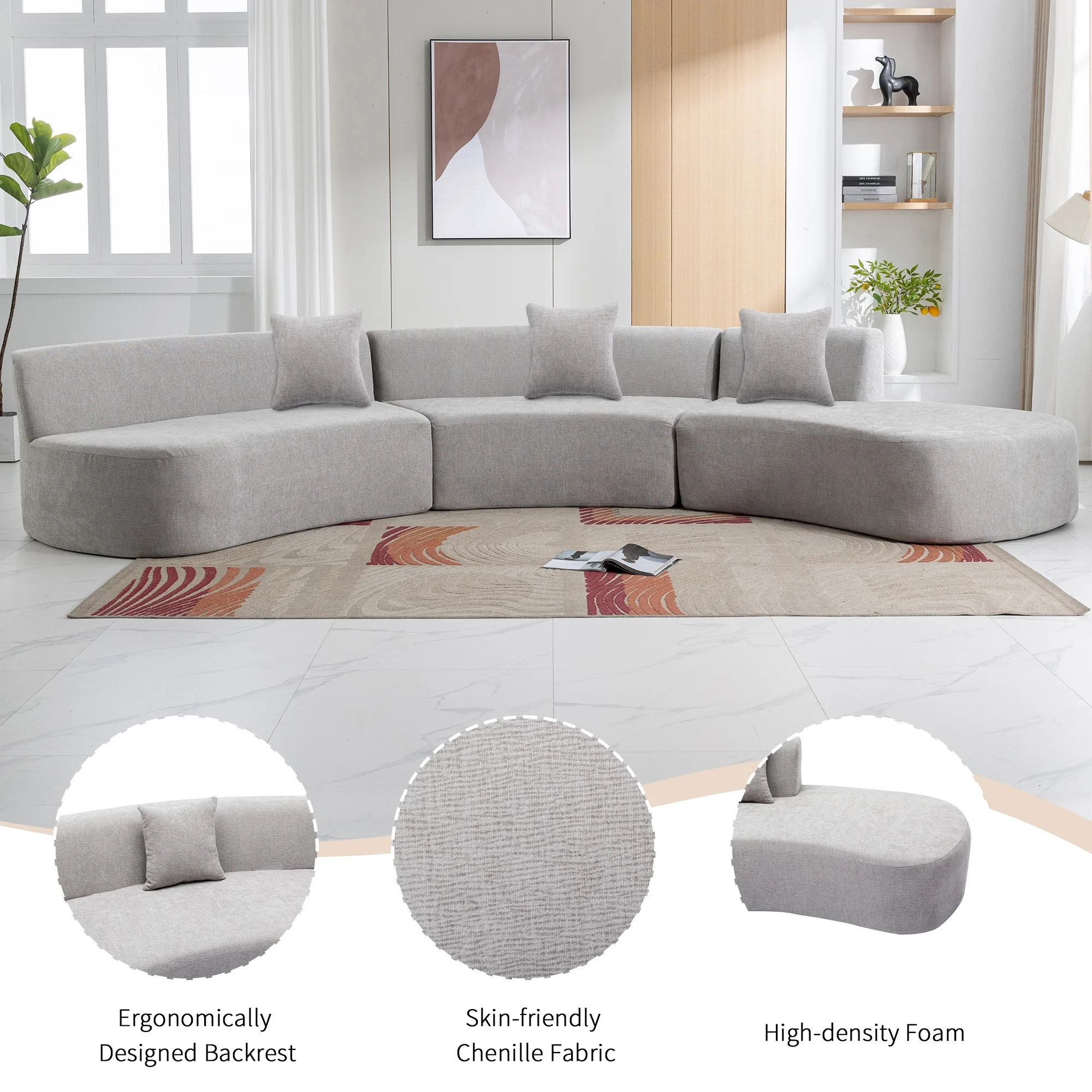 Harper & Bright Designs Modern Curved Floor Sofa Set, Modular Sectional Sponge Couch for Living Room, 2 PC Free Combination No Assembly Foam-Filled Sofa, Beige - Image 46
