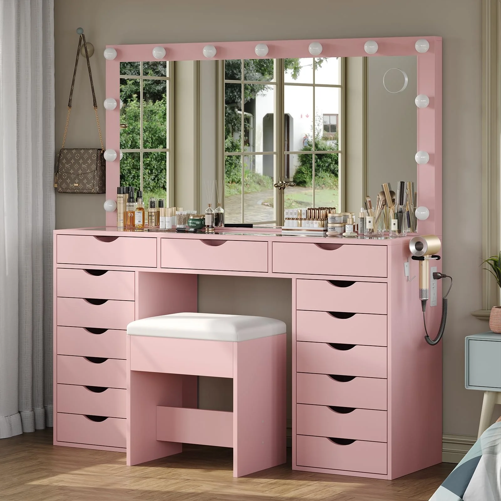Yanosaku 15 Drawers Vanity Desk with Power Outlet, Makeup Table with Mirror and 13 LED Lights, 3 Color Lighting Modes, Brightness Adjustable, Glass Top Dressing Table, Vanity Set for Bedroom - Image 11