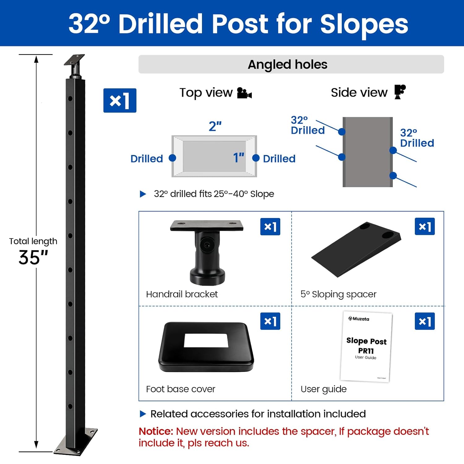 Muzata Black Slope Cable Railing Post 36 Inch for 25-40 Degrees Slope 36