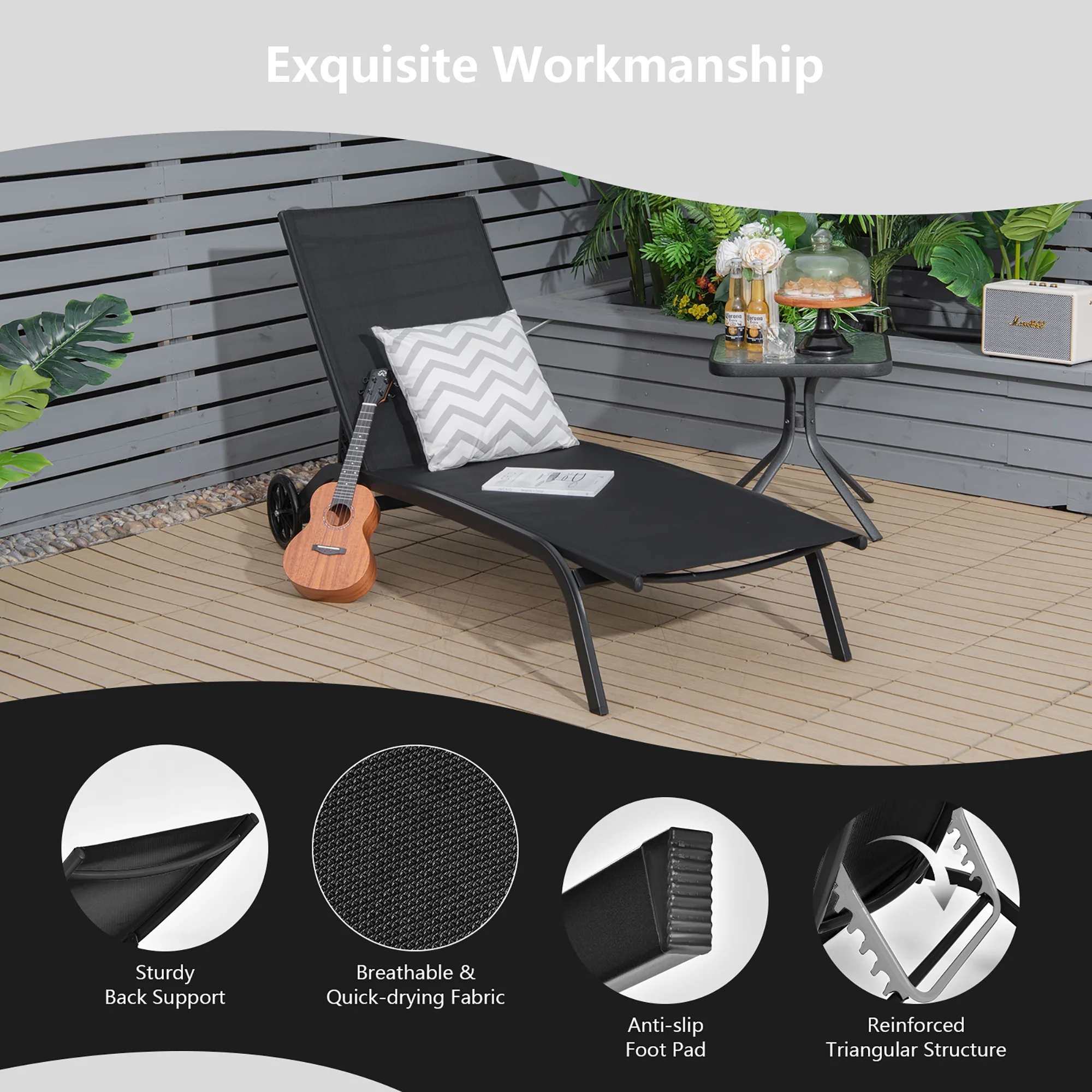 Costway 2PCS Outdoor Adjustable Chaise Lounge Patio 6-Position Recliner Wheels Black - Image 9