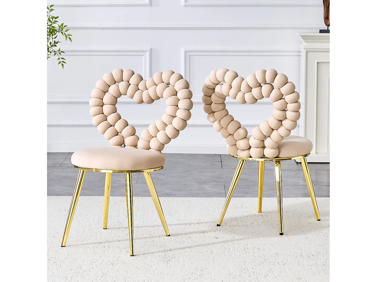 Lot de 2 chaises avec dossier ajouré en forme de cœur- Velours beige