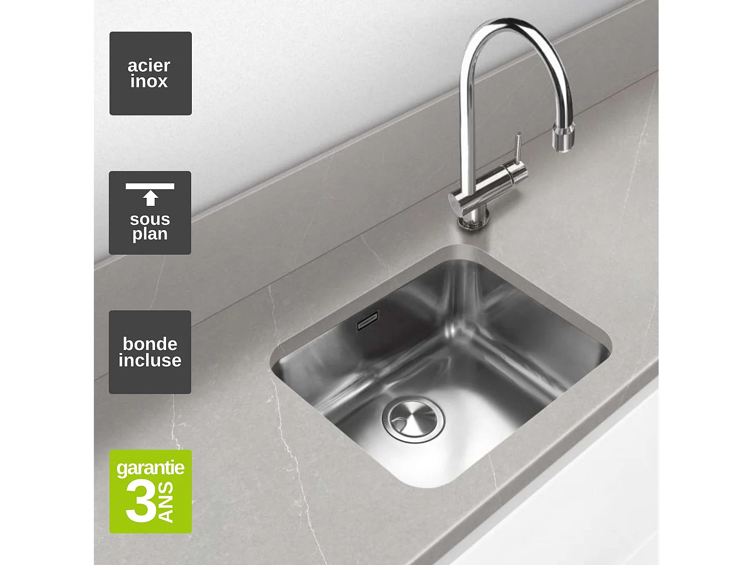 Évier sous-plan 1 Cuve 45x40x18cm R60mm - Acier inox 18/10 -  BM Top FRÉCAN