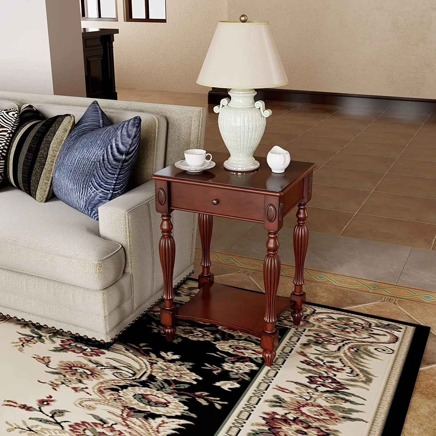 Solid Wood Coffee Table Console Table with Storage Drawer Square Side Table End Tables - Image 4