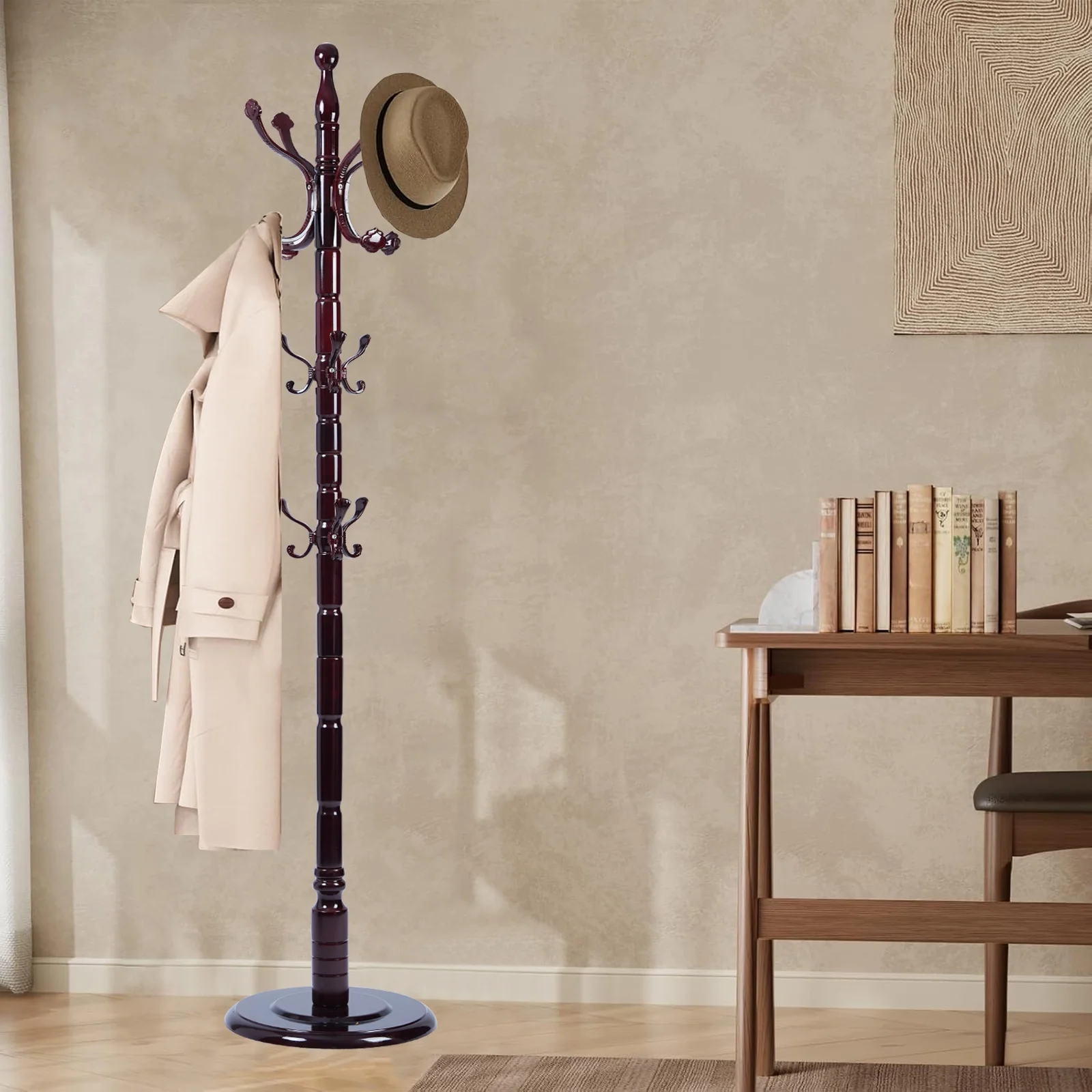 Coat Rack Freestanding, Hall Tree with 11 Hooks, Heavy Duty Wooden Coat Tree Stand, Adjustable Height, Sturdy Base for Bedroom Hallway Office - Load 270lbs - Image 34