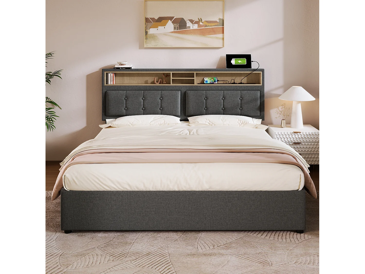 Lit adulte 160x200 cm avec 4 tiroirs et USB-C - tête de lit réglable(sans matelas)