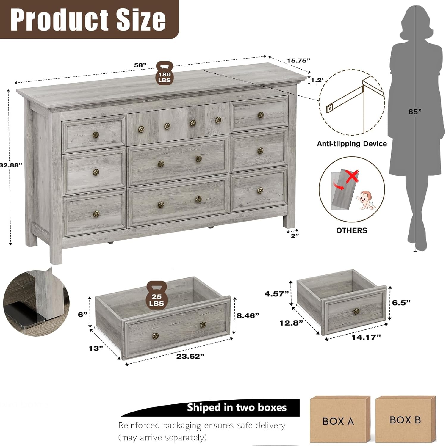 LGHM Dressers for Bedroom with 9 Drawers, 9 Drawer Dresser with Textured Borders, 58