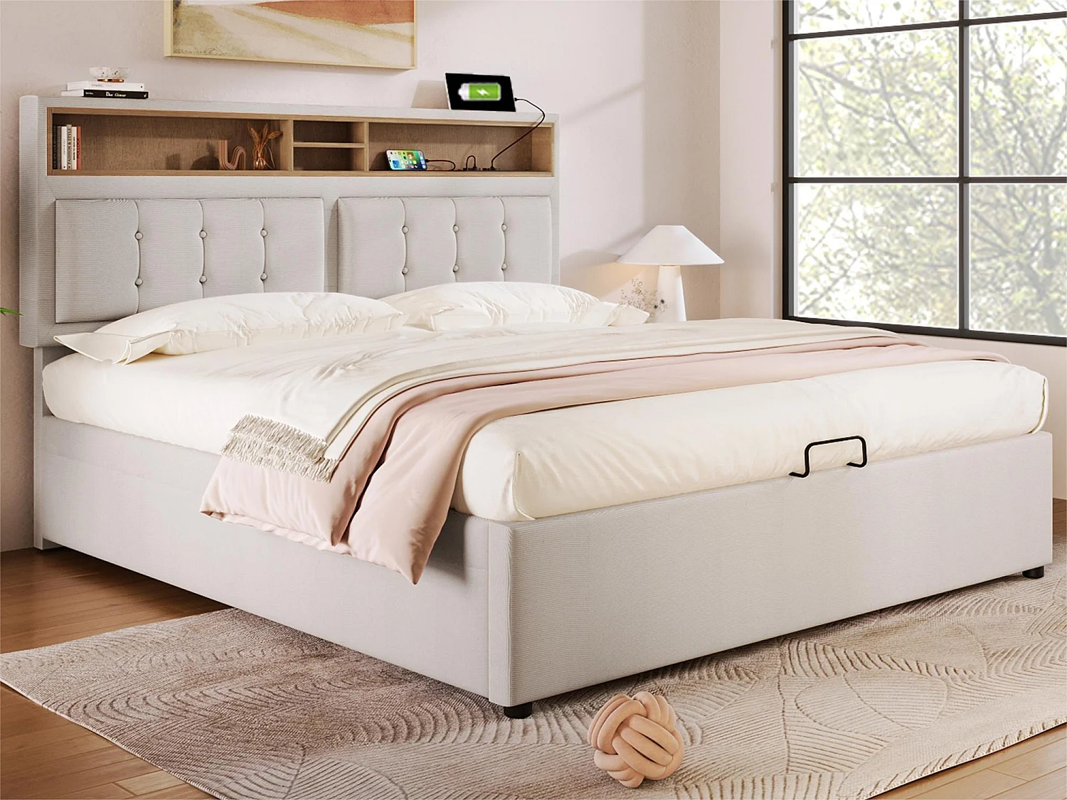 Lit coffre 140x200 cm en tissu lin - tête de lit réglable avec prises - avec sommier à lattes - Beige