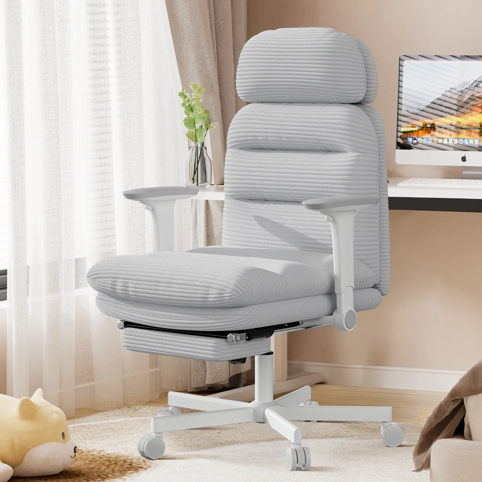HomeZeer Ergonomic Cross-Legged Office Chair with Footrest & Headrest, Heavy Duty Executive Desk Chair with Flip-up Armrests, Corduroy Fabric Computer Criss Cross Chair for Home Office, Black - Image 20