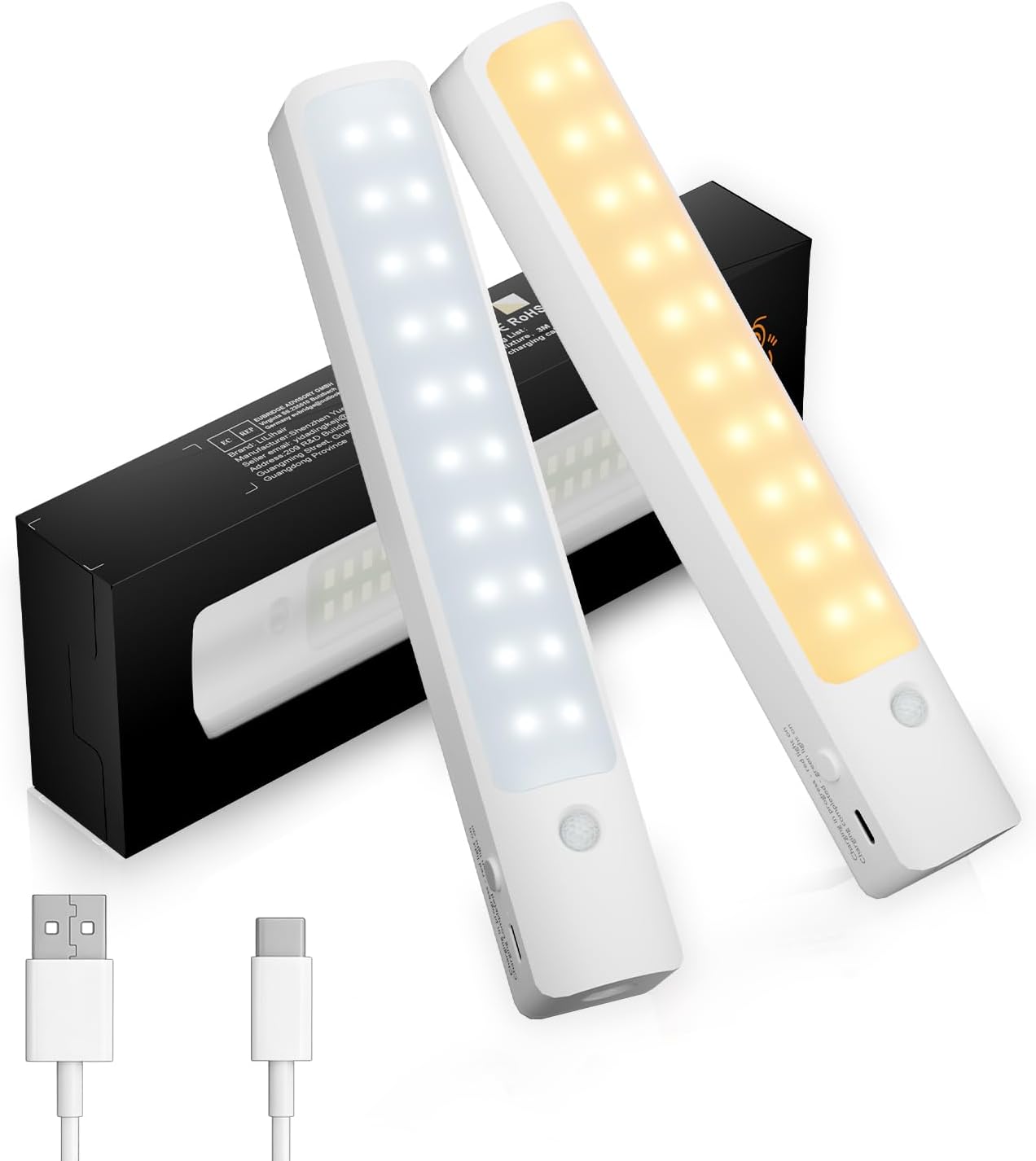 Under Cabinet Lighting, 2 Pack Motion Sensor Light Indoor, 3 Color Temperatures, Rechargeable Closet Light with Charging Cable, Suitable for Kitchens, Stairs, Corners
