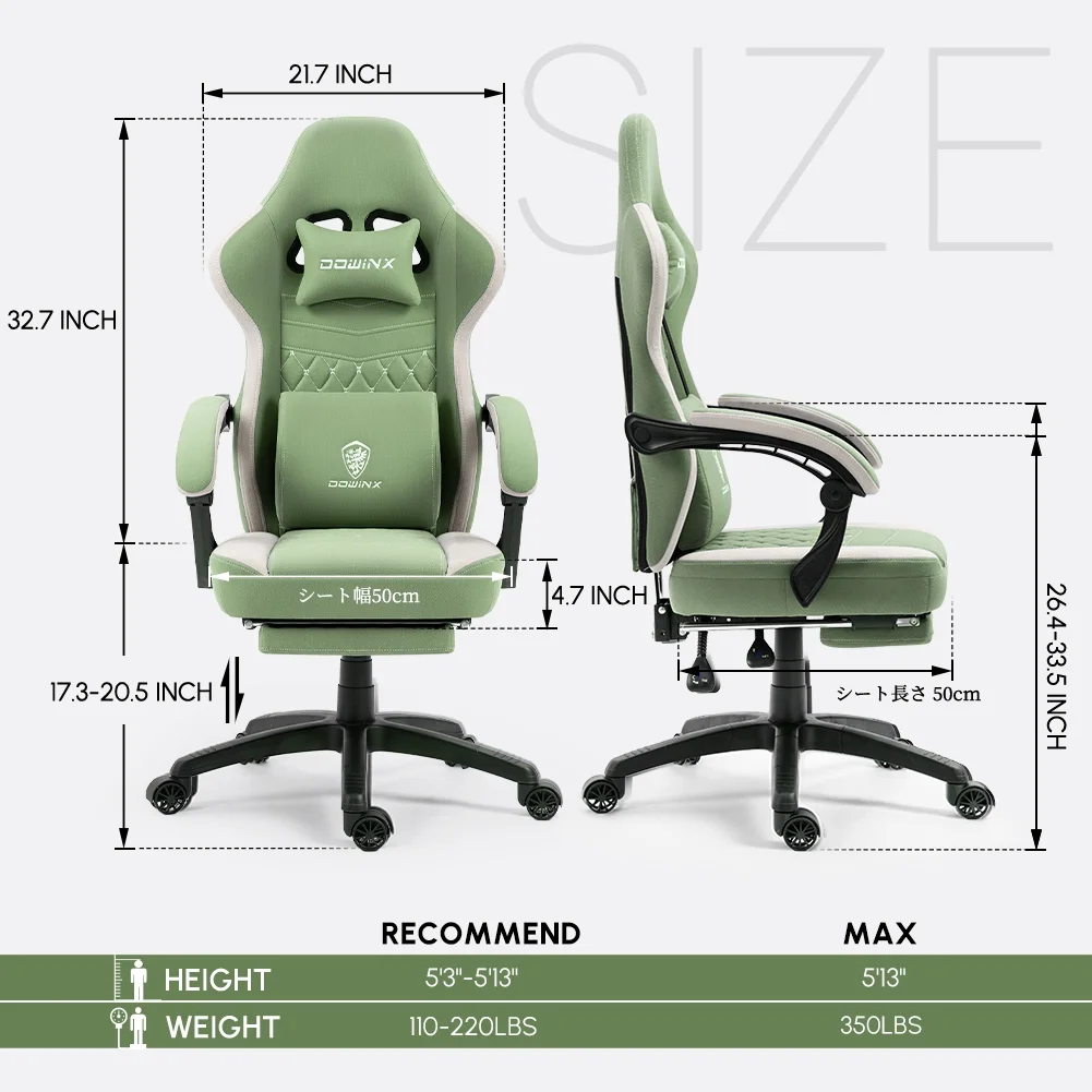 Dowinx Gaming Chair with Pocket Spring Cushion, Breathable Fabric Computer Chair with Gel Pad, Comfortable Office Chair with Storage Bag, Massage Game Chair with Footrest, Green - Image 13