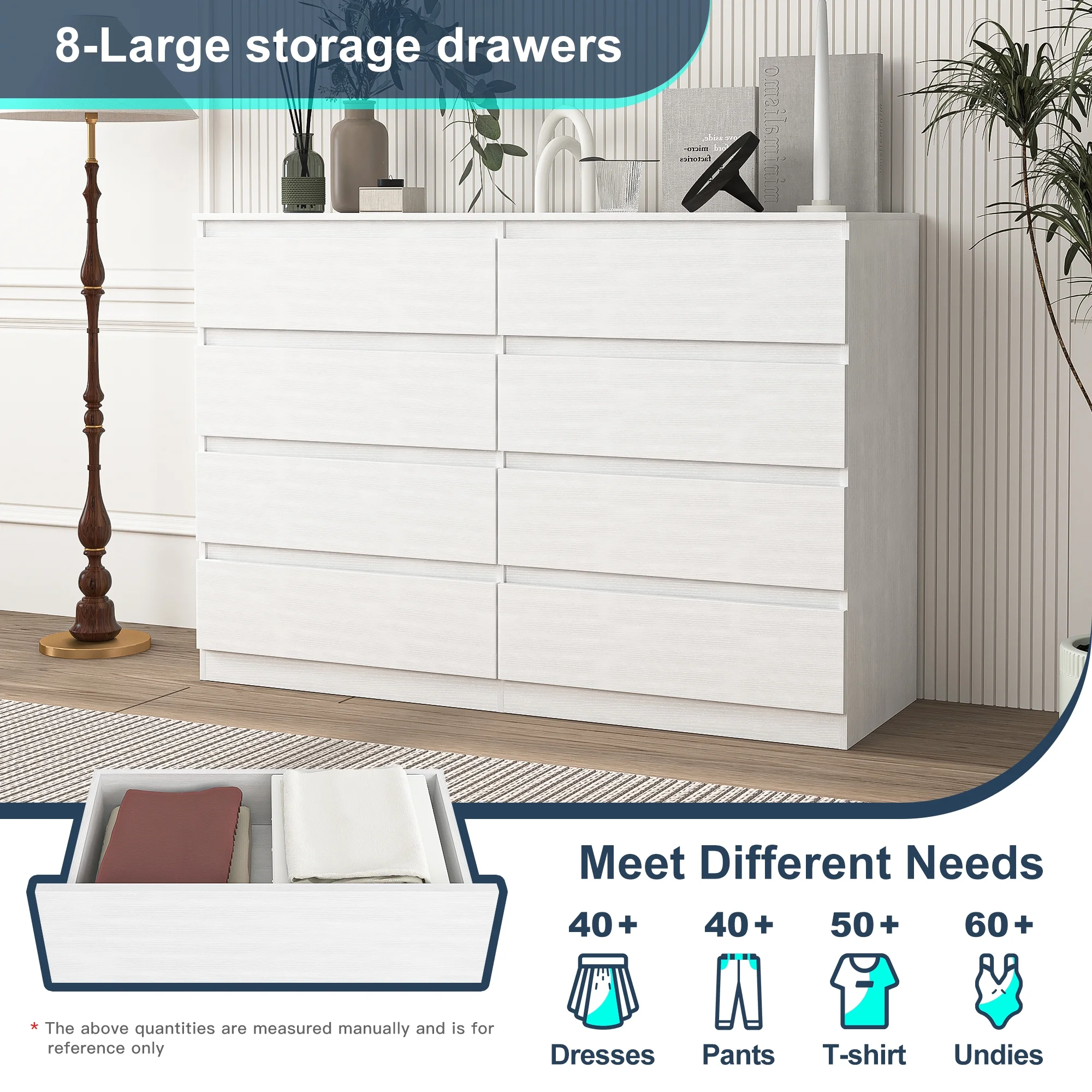 Kadyn White Chest of Drawer, 6 Double Drawer Dresser for Bedroom, Modern Storage Cabinet for Living Room, Dresser - Image 75