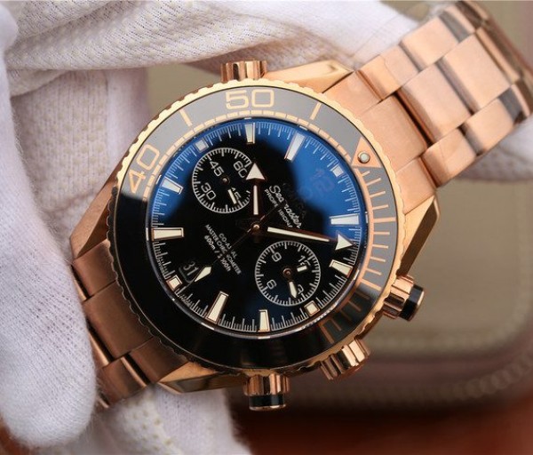 Replica Omega OMF Planet Ocean Master Chronometer RG Black Bezel Black Dial RG Bracelet A9901 - Elite Watch Atelier