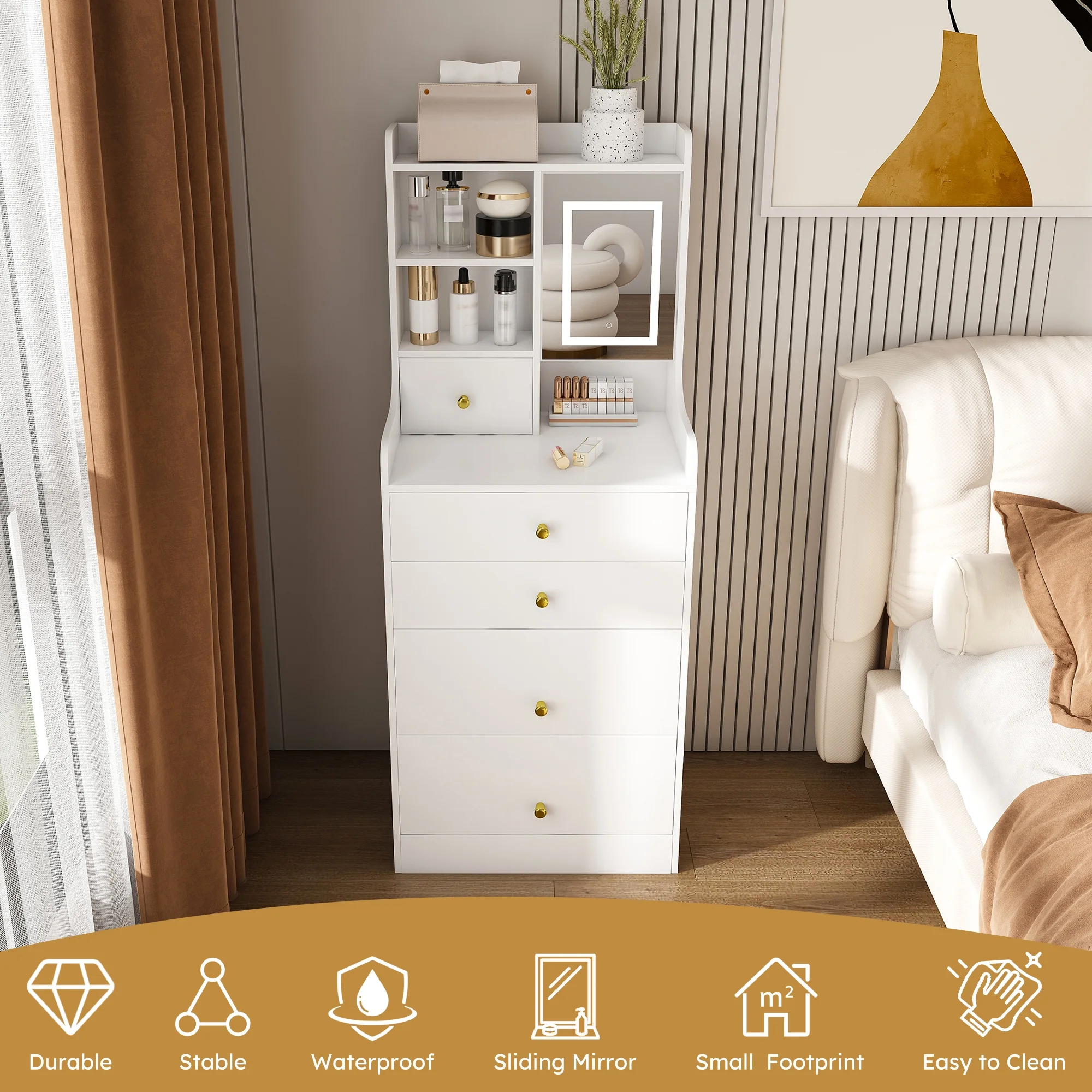 Montary Modern Mini Vanity w/Adjustable LED Mirror + Hidden Storage, Padded Stool & Dustproof Shelves (White) - Image 48