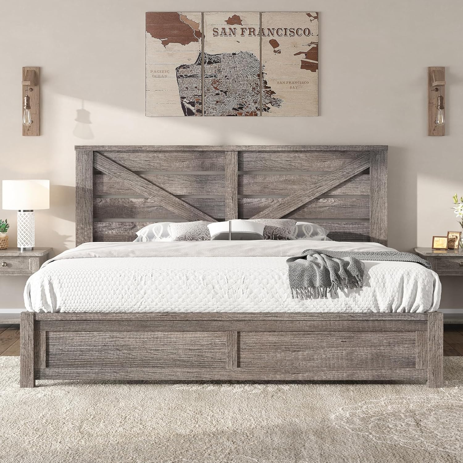 AMERLIFE King Size Farmhouse Bed Frame with 49.2