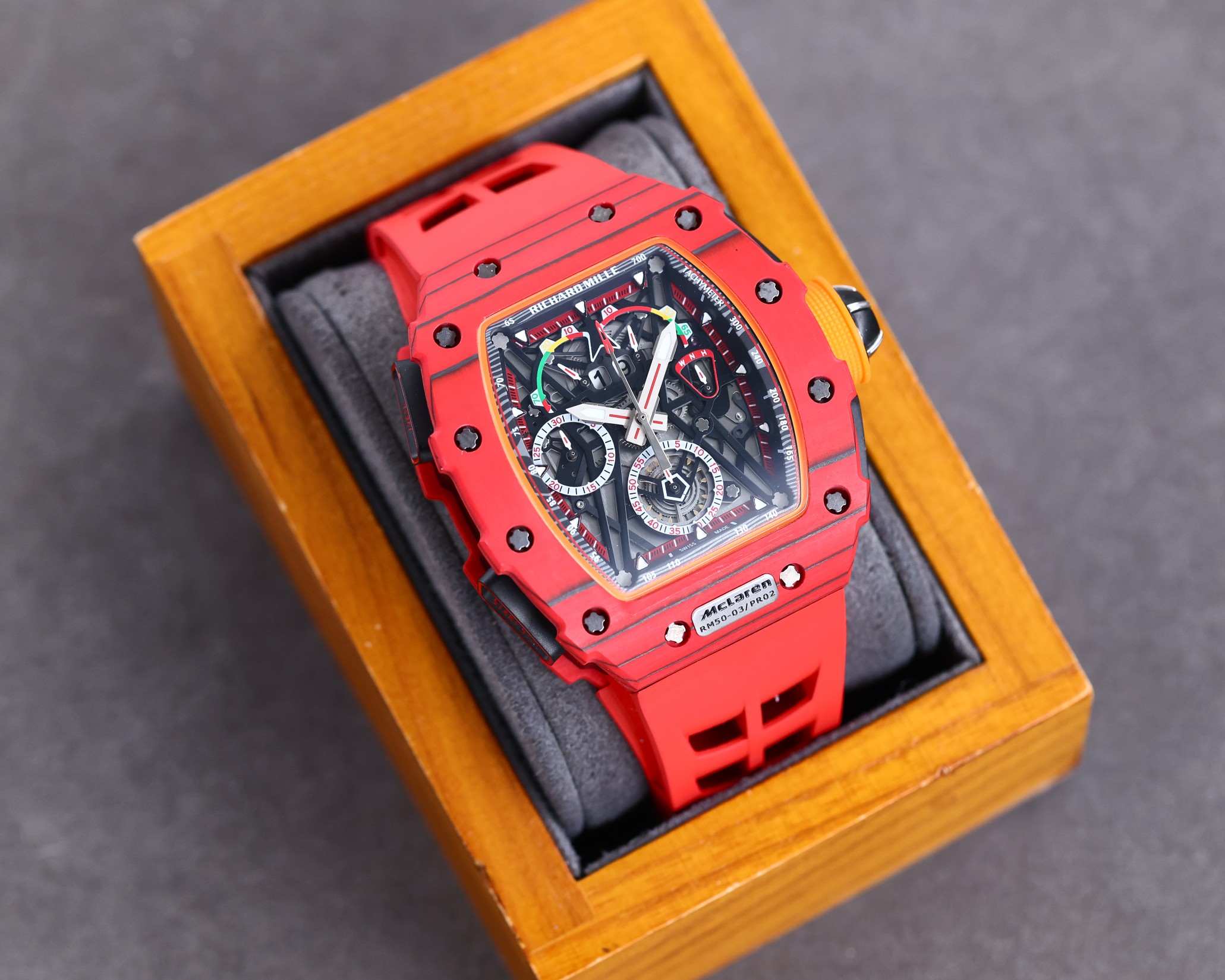 Best Richard Mille RM 50-03 Mclaren Replica Red Strap Watch For Men �C Red Carbon Skeleton Dial with Swiss Movement - Top club