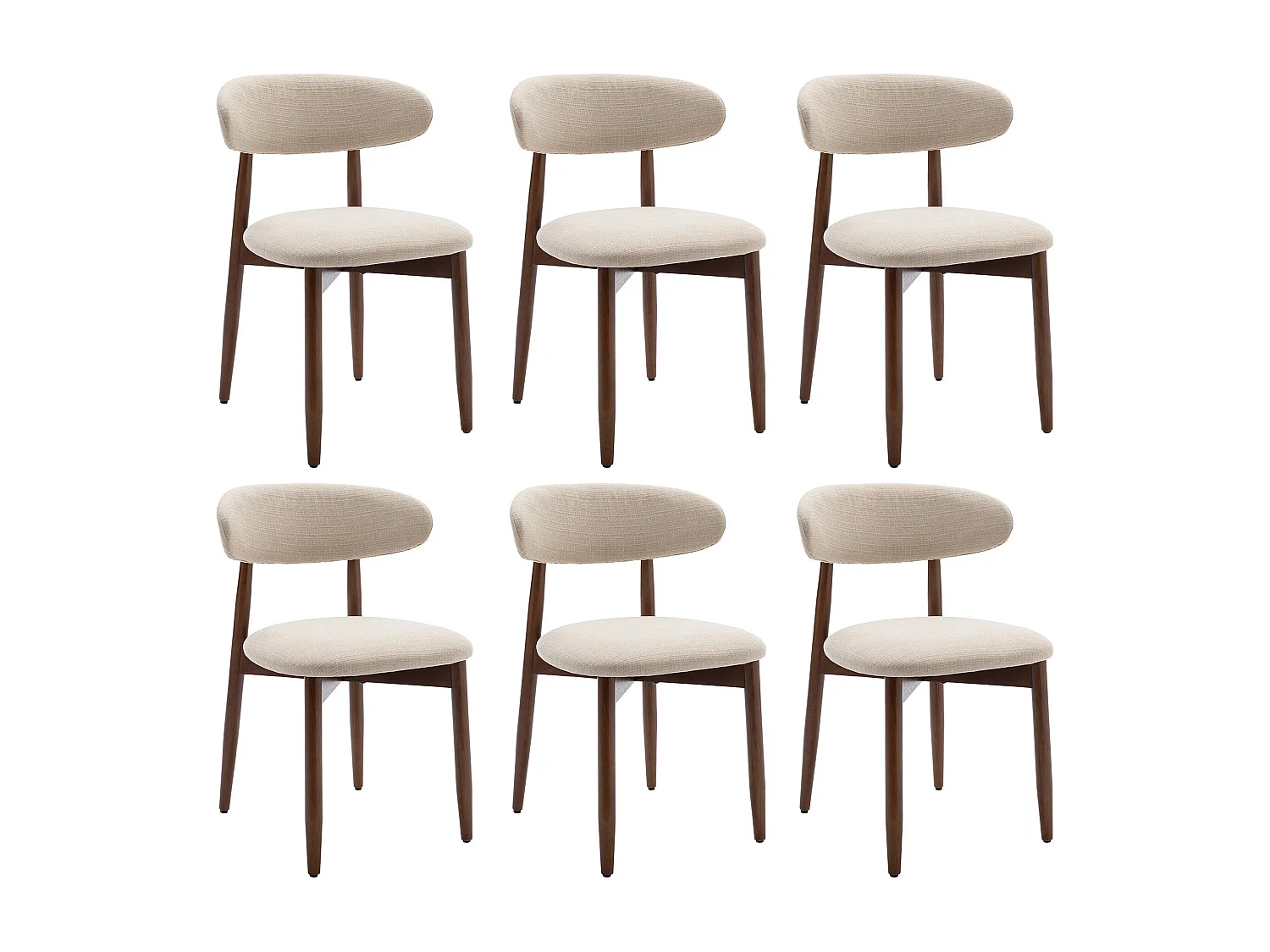 Lot de 6 chaises de salle à manger beige - Pieds en bois massif, dossier incurvé, assise en tissu