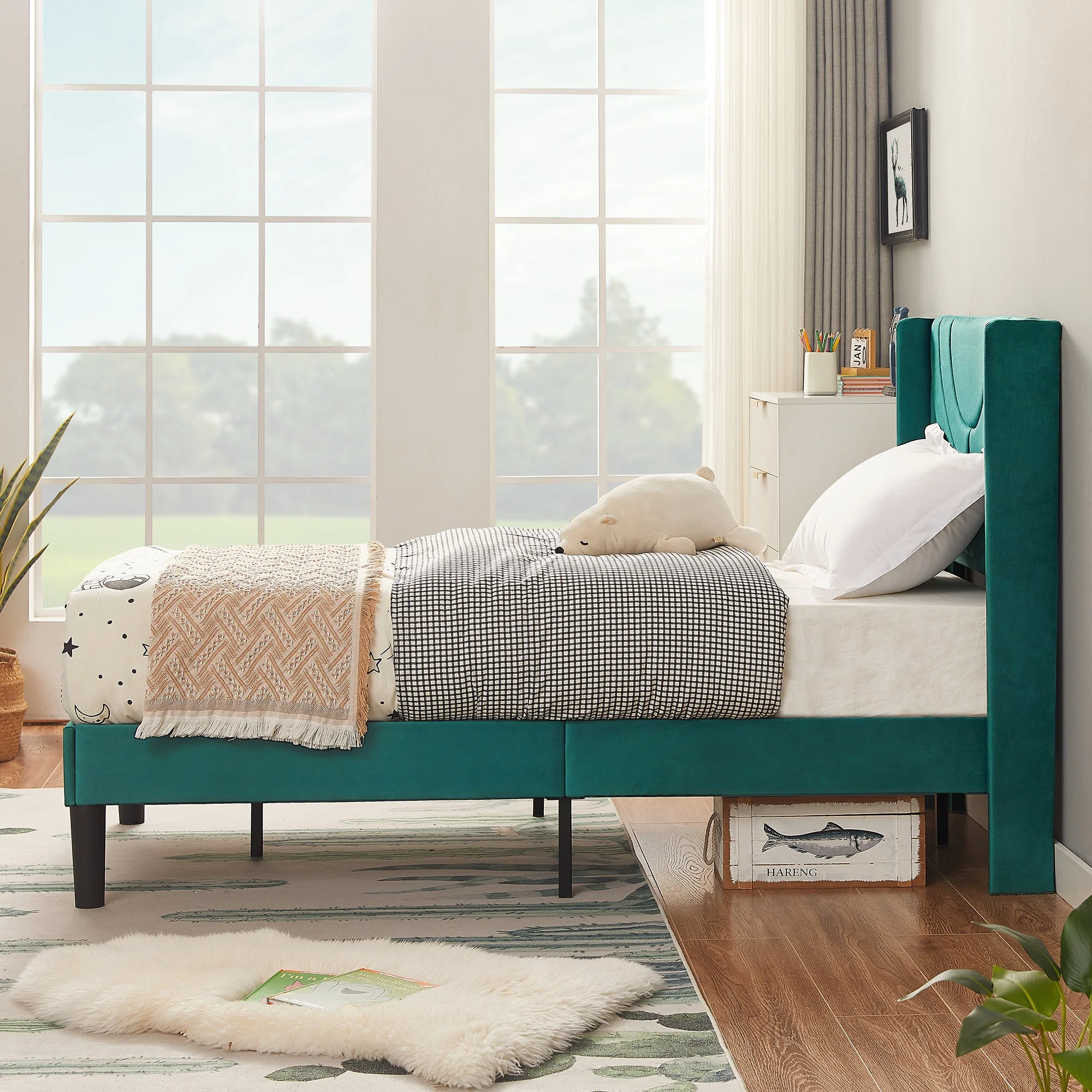 VECELO Set of 2 Twin Bed Frames, Modern Upholstered Platform Bed Frame with Tufted Headboard, No Box Spring Needed, Dark Green - Image 10