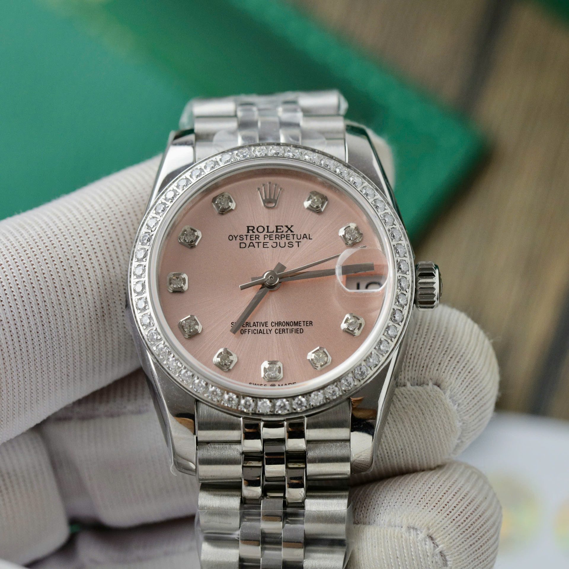 Rolex DateJust Replica Watch Womens Pink Dial Custom Moissanite Diamonds 31mm - Elite Watch Atelier