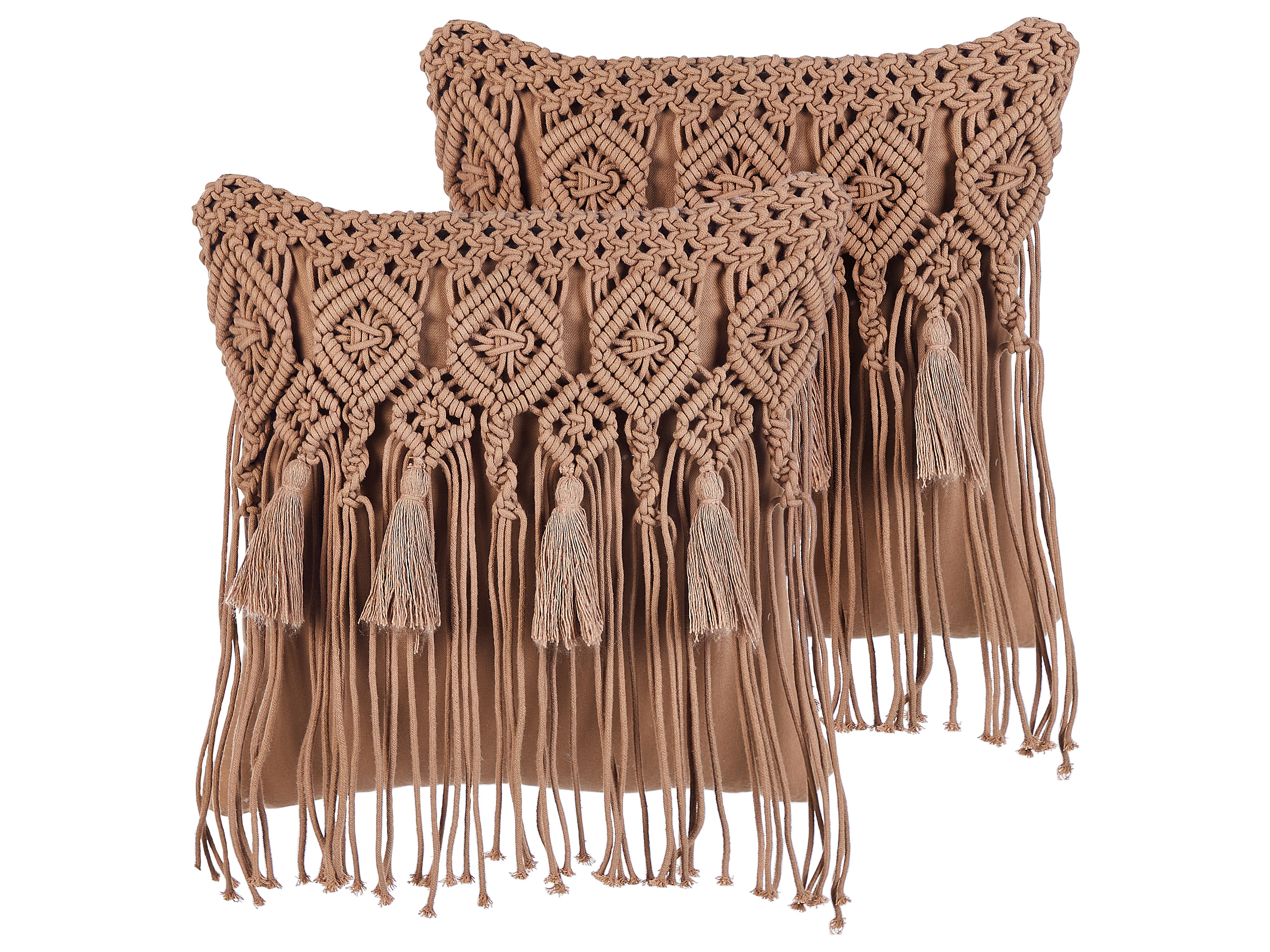 Set of 2 Decorative Cushions BAMIAN Cotton 45 x 45 cm Light Brown Geometric Pattern