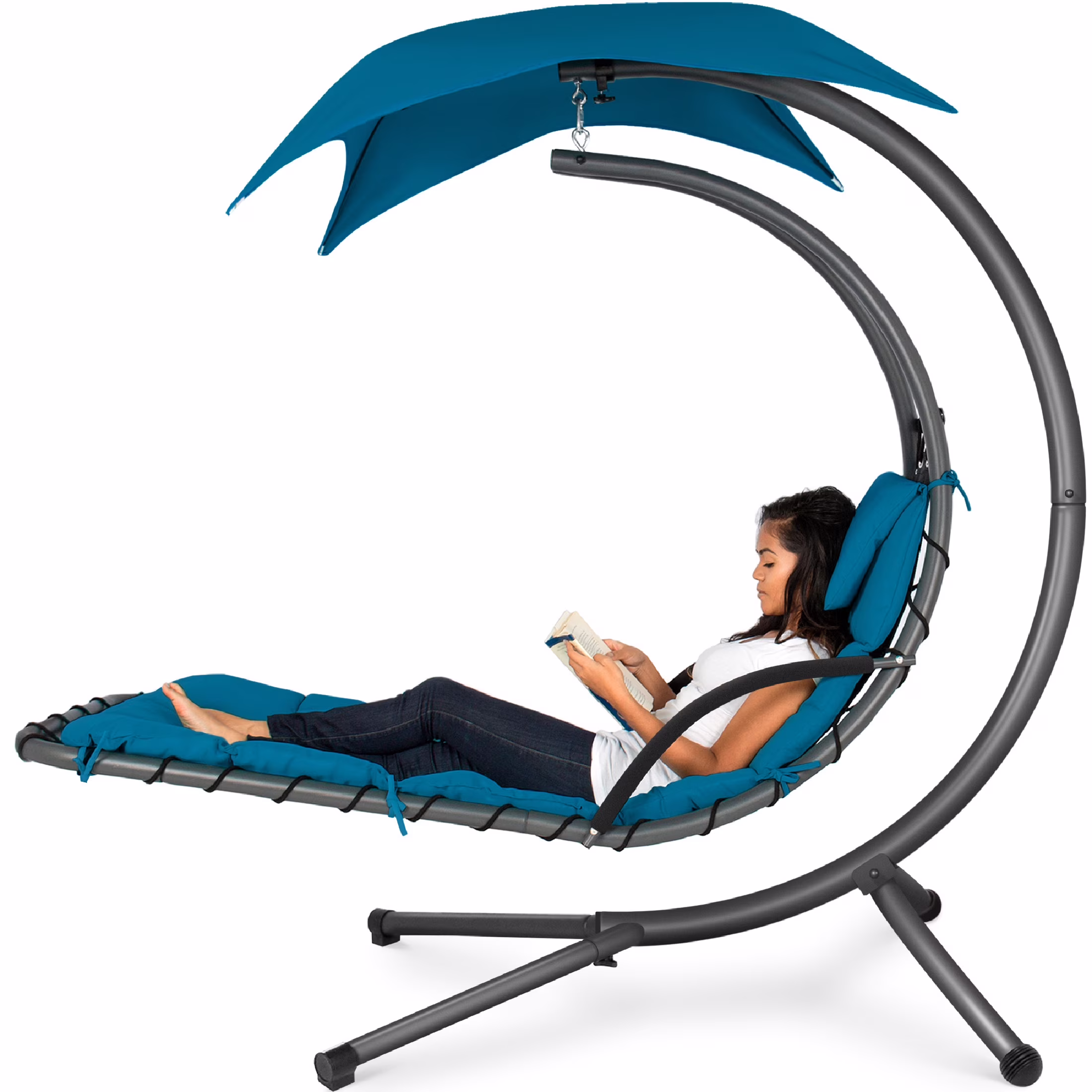 Best Choice Products Hanging Curved Chaise Lounge Chair Swing for Backyard, Patio w/ Pillow, Shade, Stand - Teal - Image 7