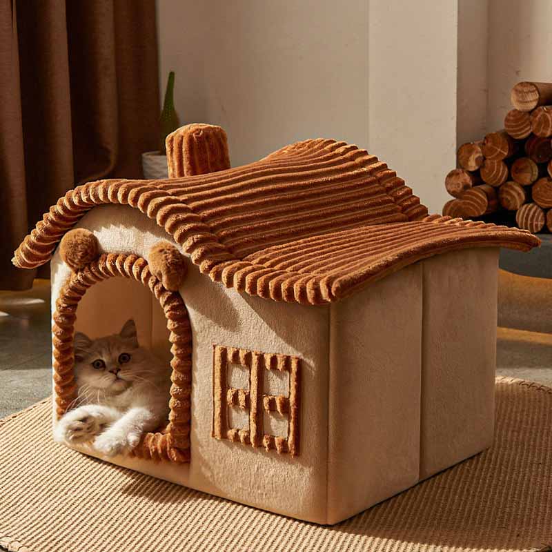 Zacht Kattenbed met Huisontwerp van Pluche Fleece – Comfortabel en Veilig voor Binnengebruik