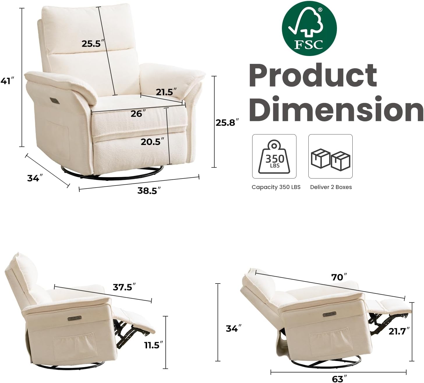 Oversized Power Recliner Chair Swivel Glider with Massage and Heat, Rocker Nursery Recliner for Adults with Adjustable Headrest, 26