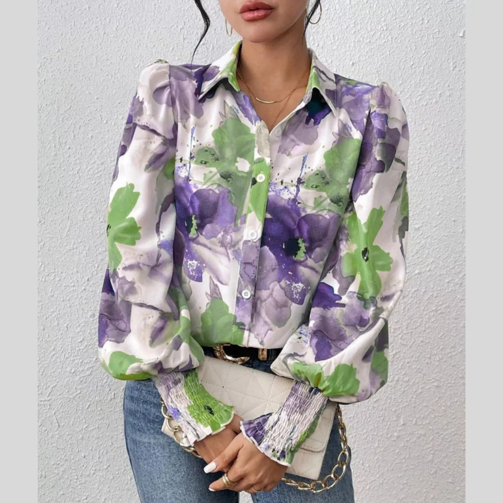 Printed Button Up Lantern Sleeve Shirt - ZKZOOK