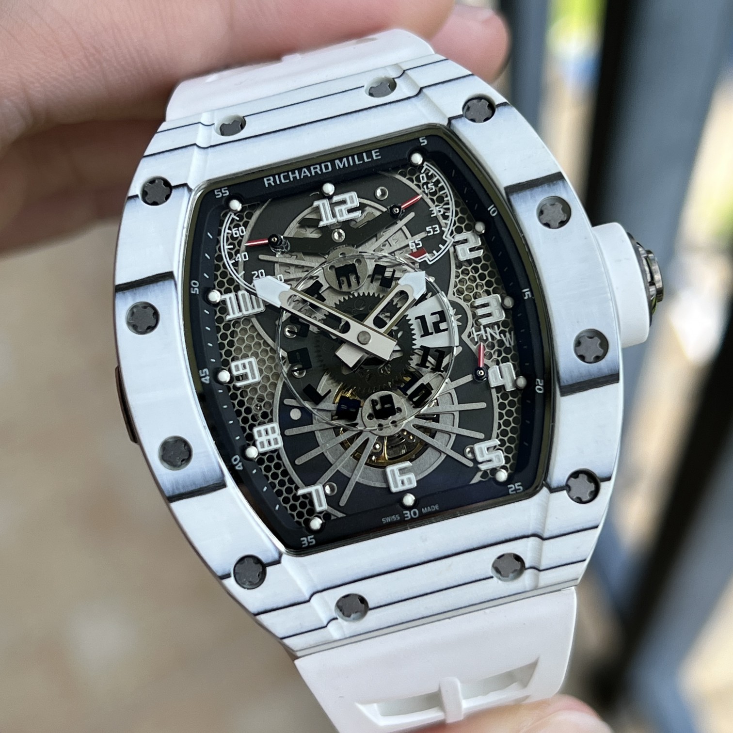Richard Mille RM 022 Replica White Case White Strap Watch For Men �C Skeletonized Dial And Carbon Fiber Case - Top club