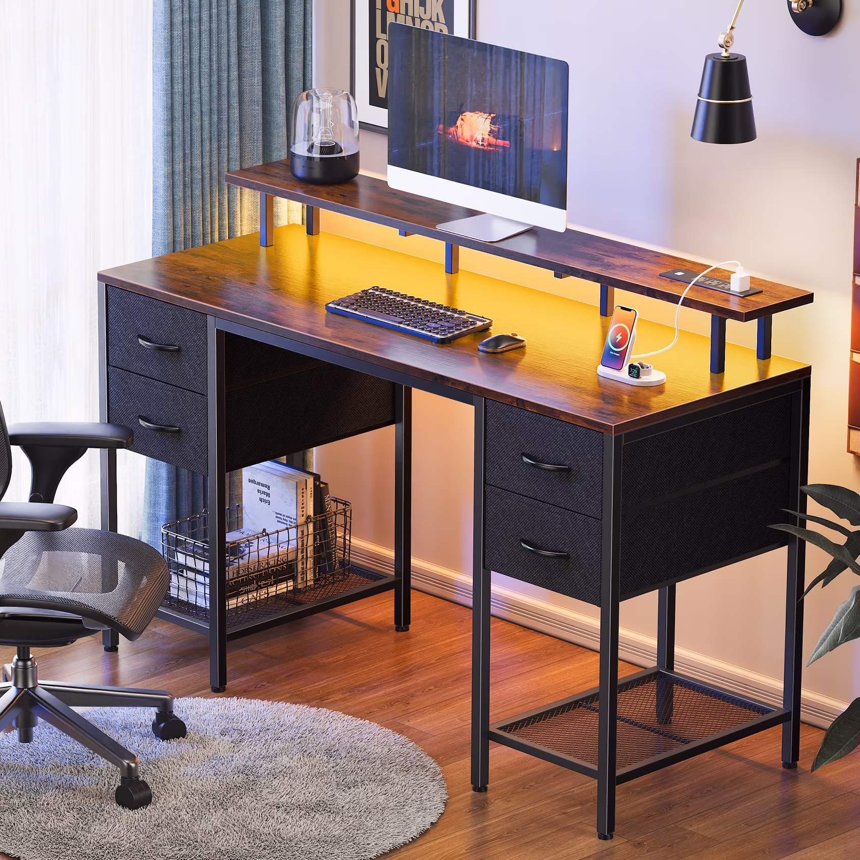 55.1" LED Gaming Desk with Drawers, Computer Desk with Outlets, Office Desk with 4 Drawers, Corner Desk, Writing Desk in White - Image 6