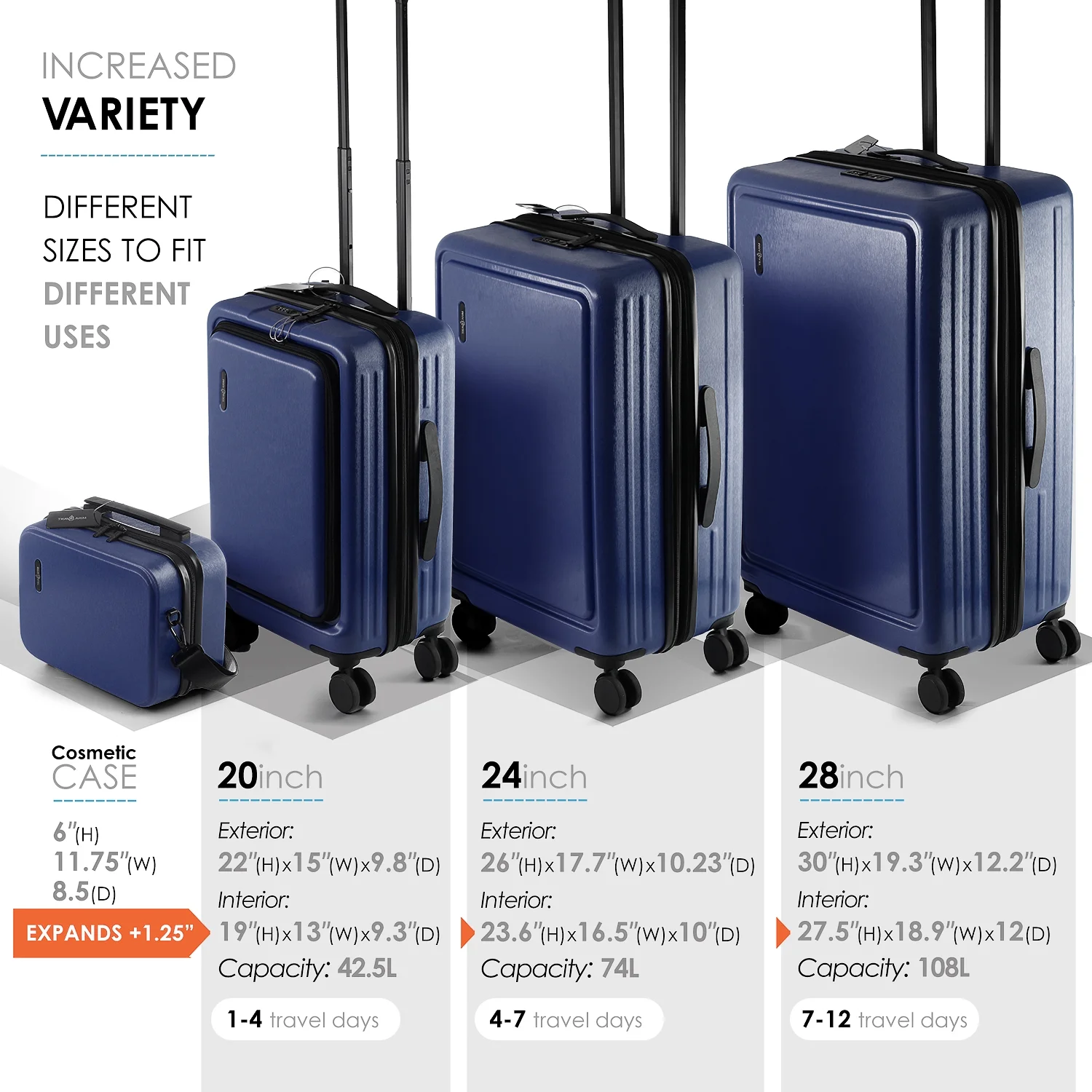 Virtu 4 Piece Hardshell Exapandable Luggage Set, Spinner Luggage Suitcase Set, Navy Blue - Image 10