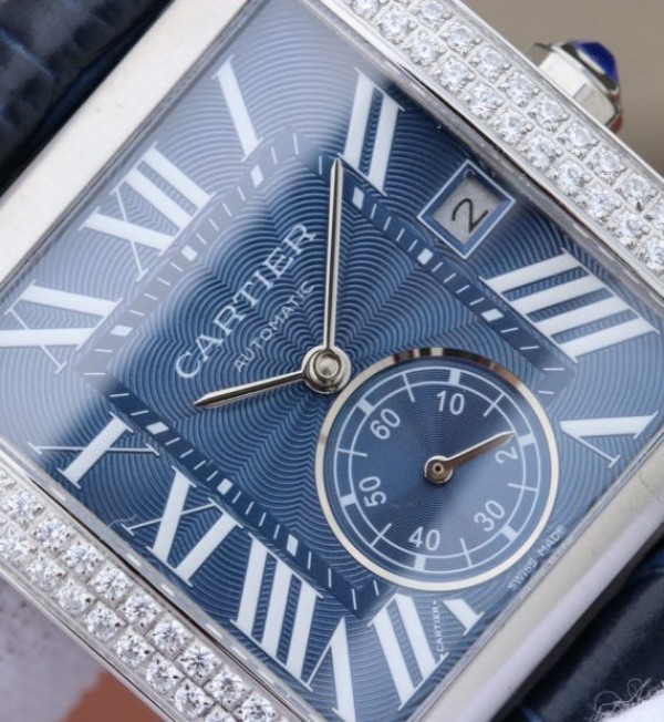 Replica Cartier Tank MC SS Blue Textured Dial Diamonds Bezel Leather Strap - Elite Watch Atelier