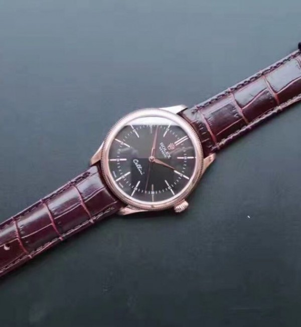 Replica Rolex MK Cellini Time 50505 Black Dial RG Leather Strap A3165 - Top club