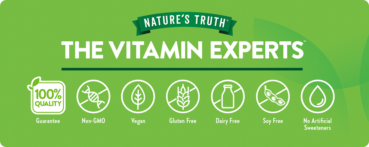 Nature’s Truth – The Vitamin Experts™is 100% quality guaranteed and lab tested in the USA. These gummies are free of gluten, wheat, yeast, milk, lactose, soy, and artificial sweeteners – giving you a pure, trustworthy formula from a brand you can rely on.