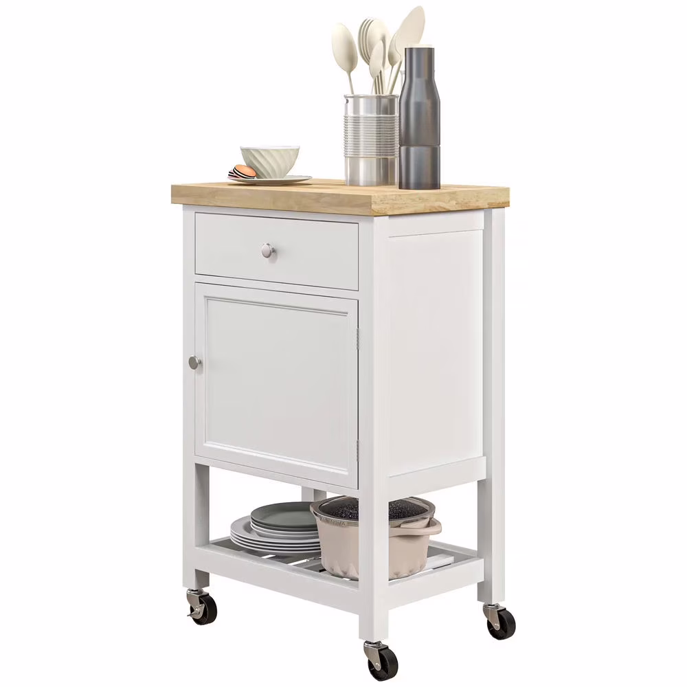 Topcobe Kitchen Island on Wheels, Rolling Kitchen Cart with Rubberwood Top, Drawer, Wine Rack and Cabinet, Modern Furniture, Kitchen Island Carts for Indoor, Gray