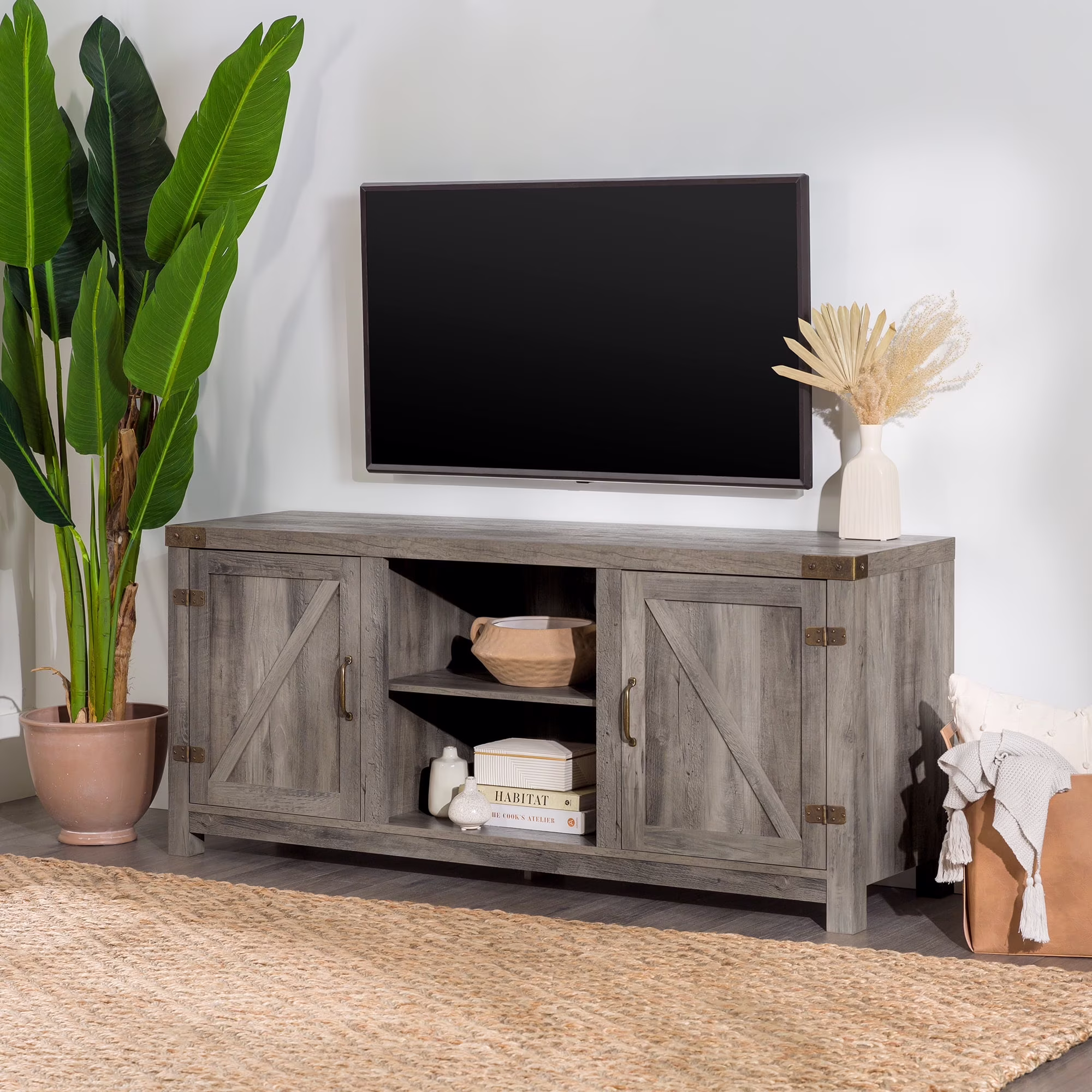 Walker Edison Modern Farmhouse Barn Door TV Stand for TVs up to 65", Grey Wash