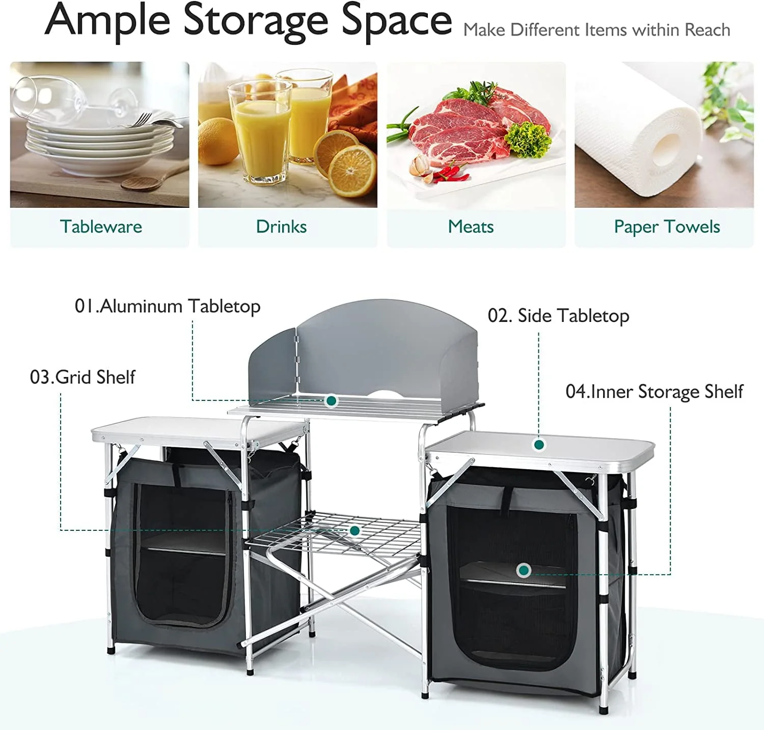 Camping Kitchen Table with Storage, Aluminum Portable Outdoor Cooking Table with Windscreen, Foldable Camp Table Cook Station for BBQ, Grill, Party, Picnics - Image 4