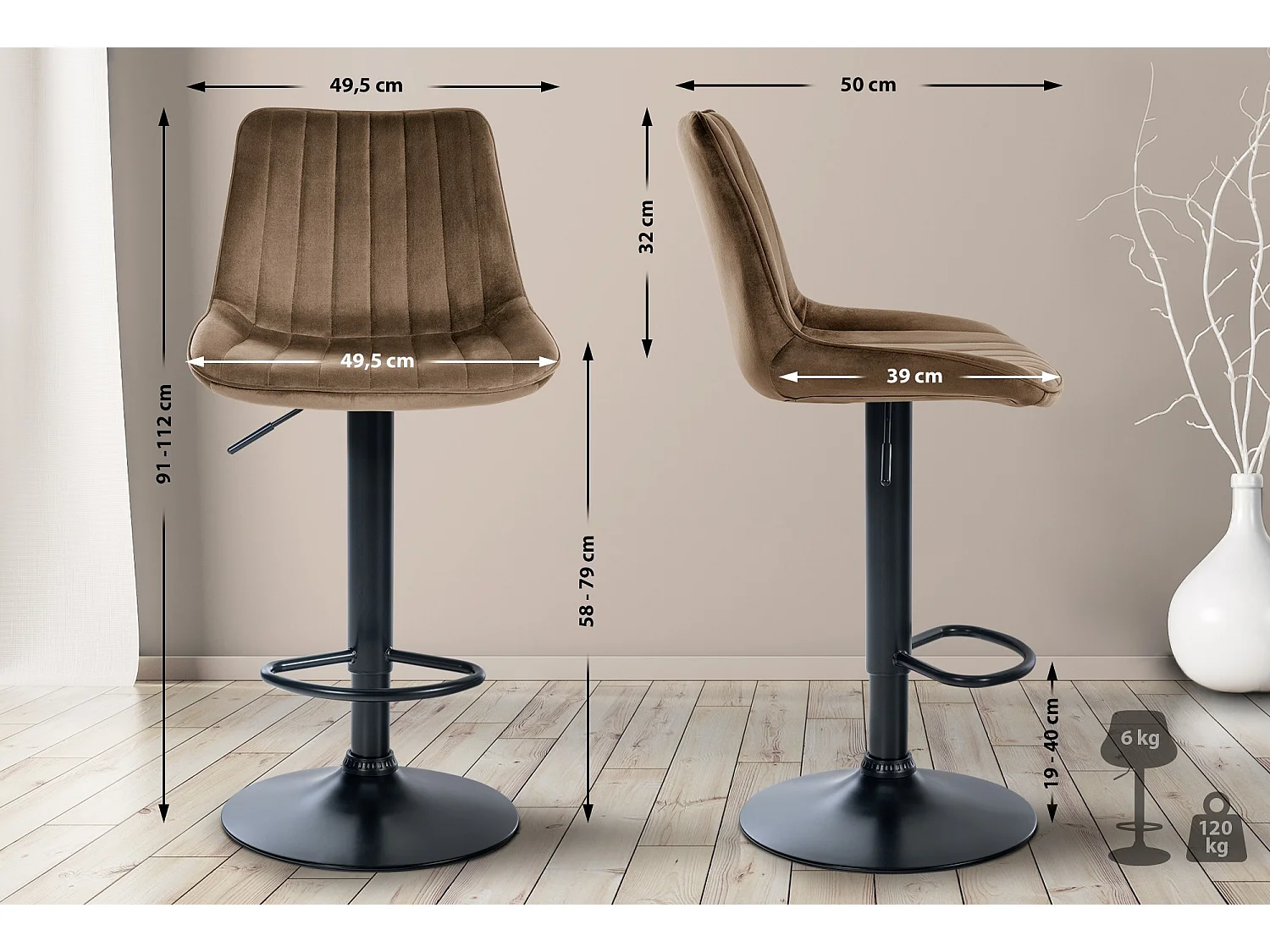 Tabouret de bar - Velours & Noir - Marron - Toni