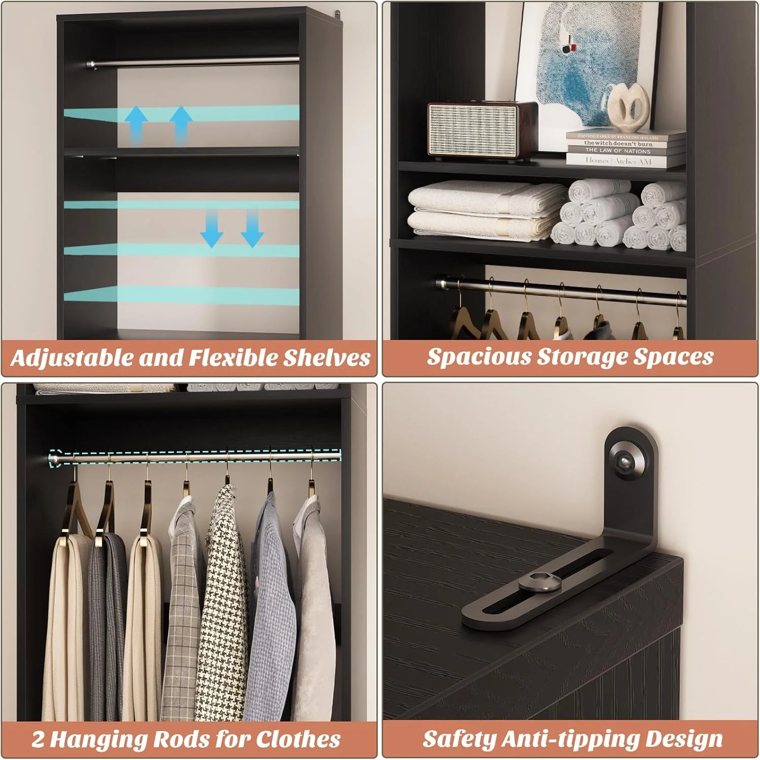 Homieasy 25�?Closet System, Freestanding Closet Organizer Wardrobe with Hanging Rods and Shelves, Adjustable Clothes Garment Rack, Sturdy Walk in Closet Tower, White - Image 17