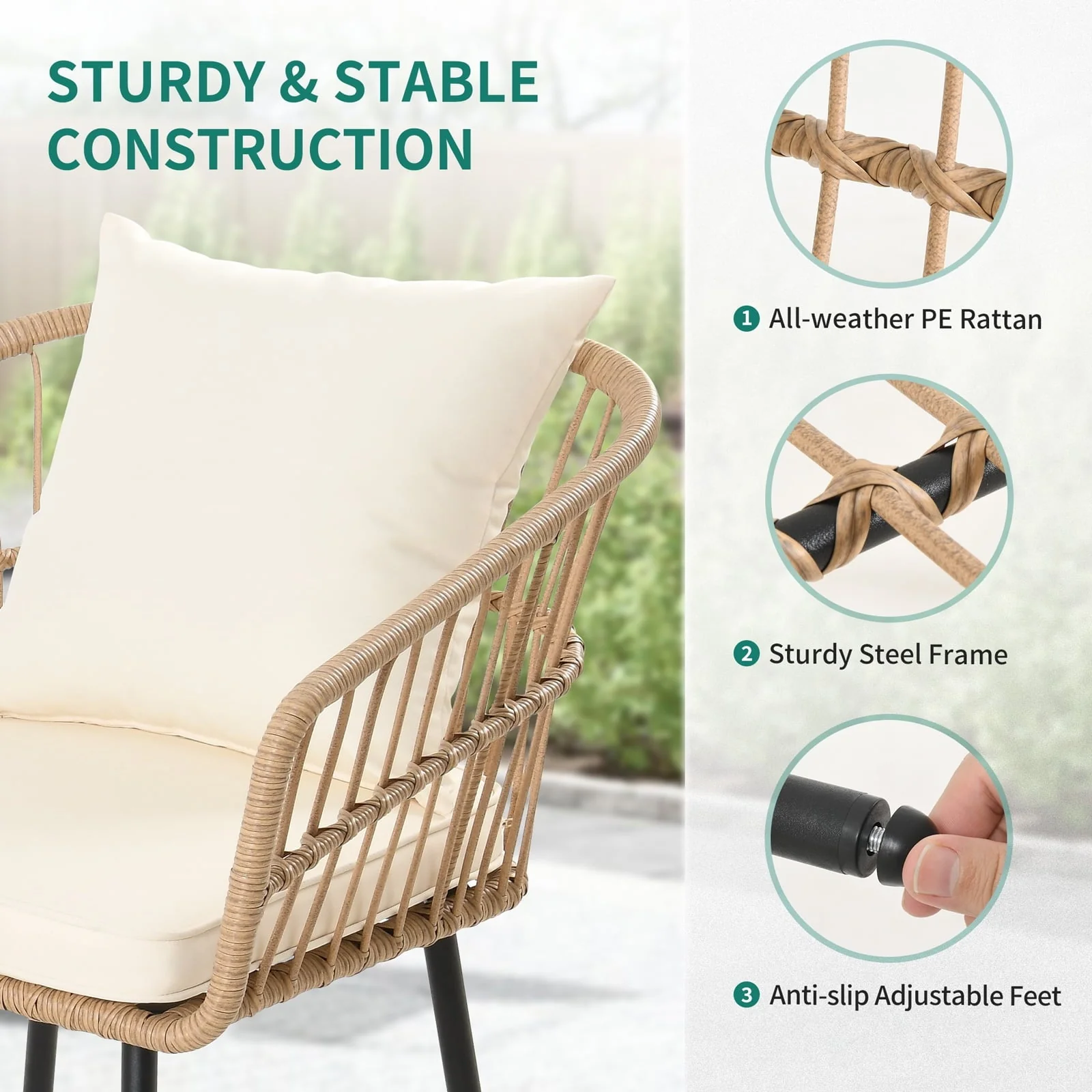 DEXTRUS 3-Piece Outdoor Patio Furniture Wicker Bistro Set with Soft Cushions - Image 7