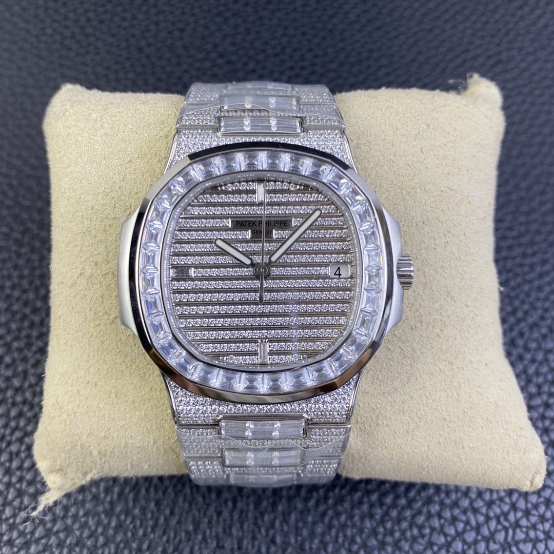 Fake diamond watch Patek Philippe Replica Nautilus Date Sweep Seconds White Gold/Diamonds Dial & Bezel 5719/10G-010 TWF(1:1 replica) - Elite Watch Atelier