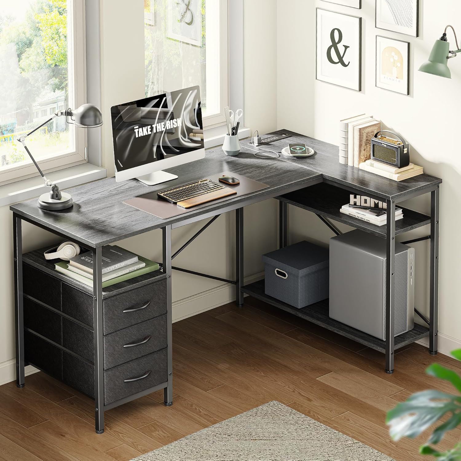 Huuger L Shaped Office Desk with Power Outlets, 47 Inch Computer Desk with 3 Drawers, Shelves, for Gaming, Corner Work, Home Office, Study, Grey