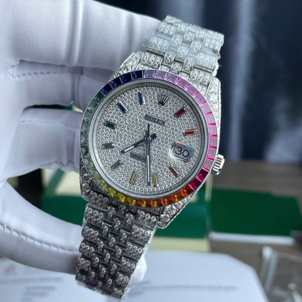 Rolex DateJust Replica Watch Full Moissanite Diamonds Hong Kong Dial Blue 41mm - Elite Watch Atelier
