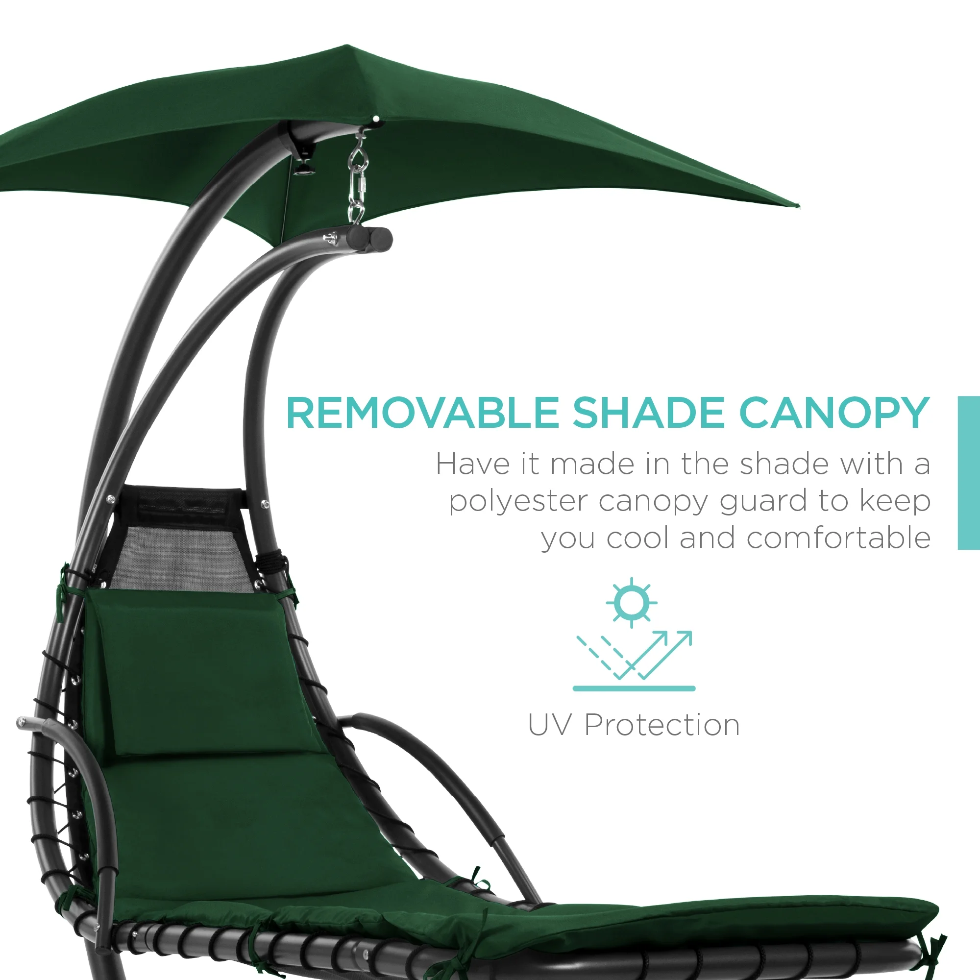 Best Choice Products Hanging Curved Chaise Lounge Chair Swing for Backyard, Patio w/ Pillow, Shade, Stand - Teal - Image 114