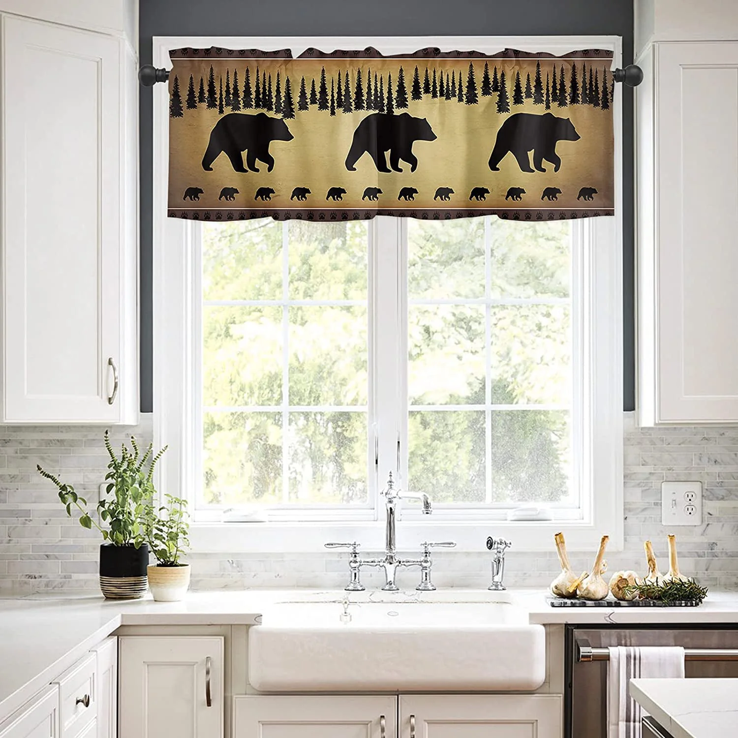Black Bear Forest Silhouettes Window Valance Curtains, Window Treatment for Kitchen, Bathroom, Bedroom, Vintage Farm Backdrop Rod Pocket Short Curtain 1 Panel, 54x18 in