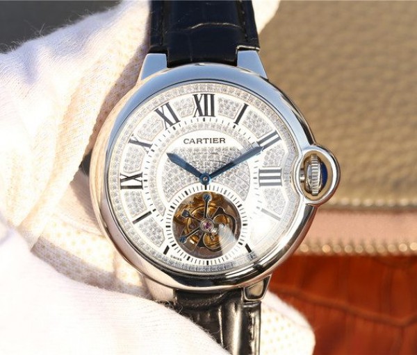 Replica Cartier Ballon Bleu de Cartier Tourbillon SS Leather Strap Diamonds Dial - Top club
