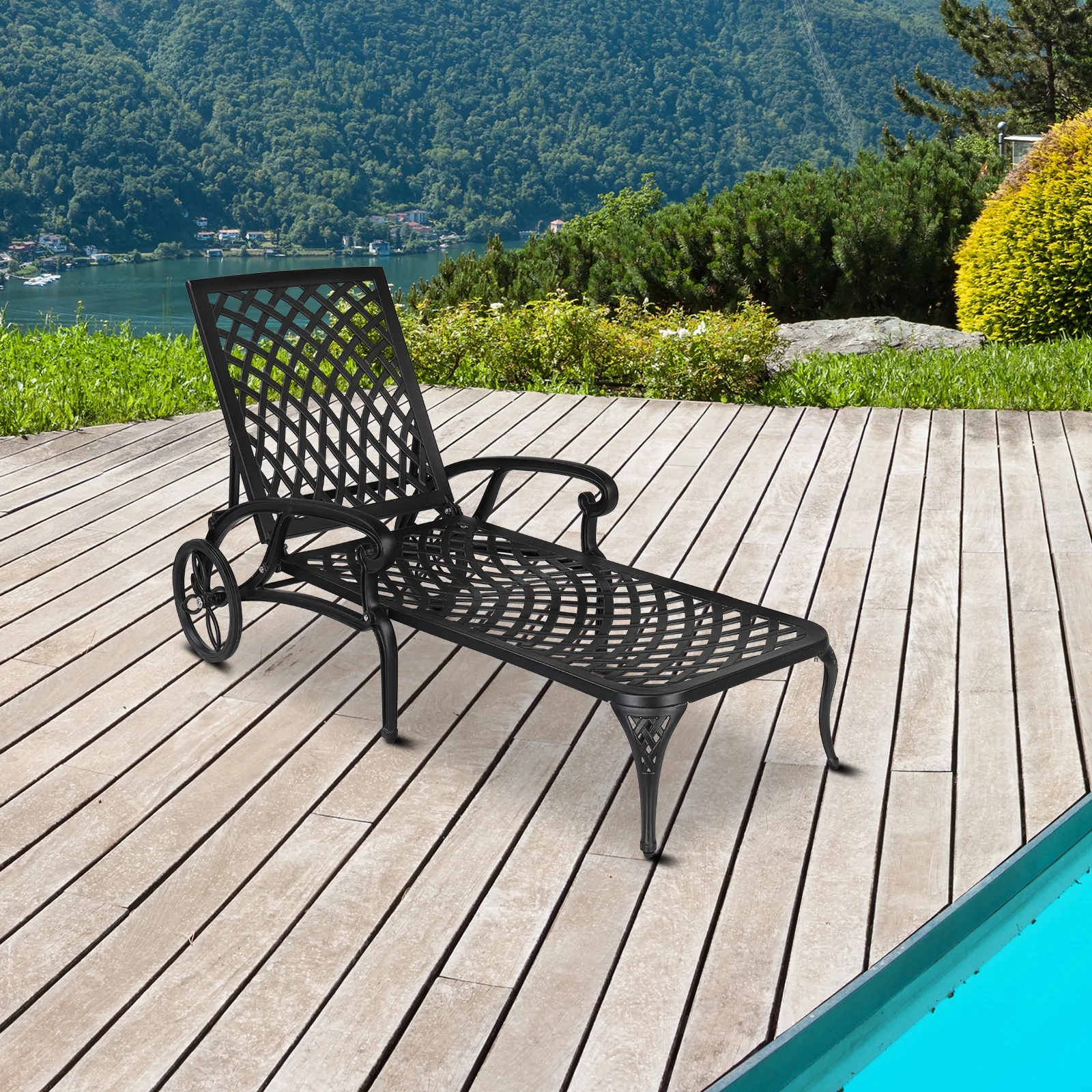Zimtown Cast Aluminum Lounge Chair Adjustable Patio Recliner, Patio Chaise Chair, Heavy Duty Lying Bed for Garden, Poolside, Yard, Lawn, Black