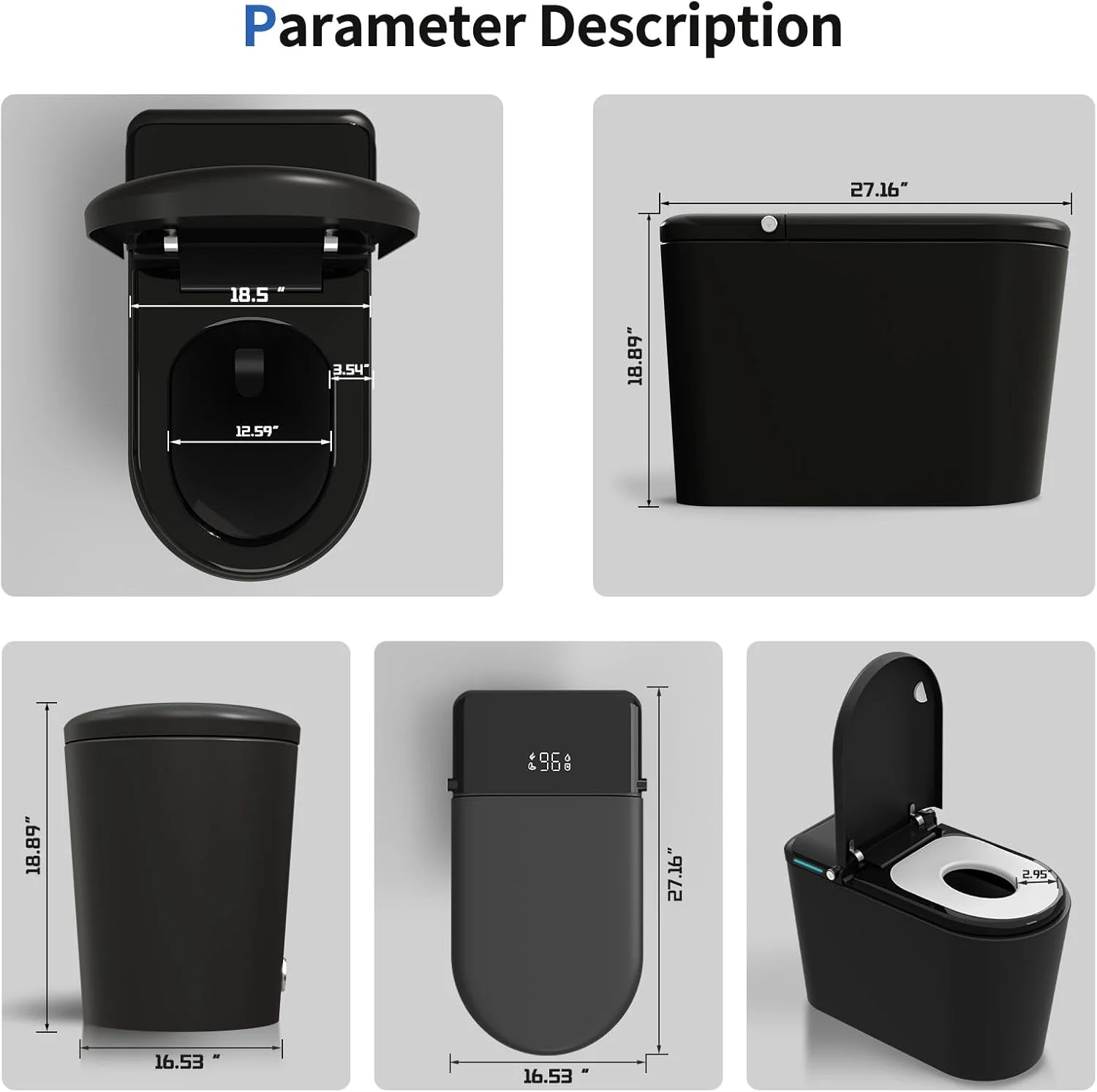 LALAHOO Smart Toilet with Bidet Built in, Auto Open & Close, Elongated Heated seat, Foot Sensor Flush, LED Display, Warm Water Wash, Dryer, Night Light, Black - Image 14
