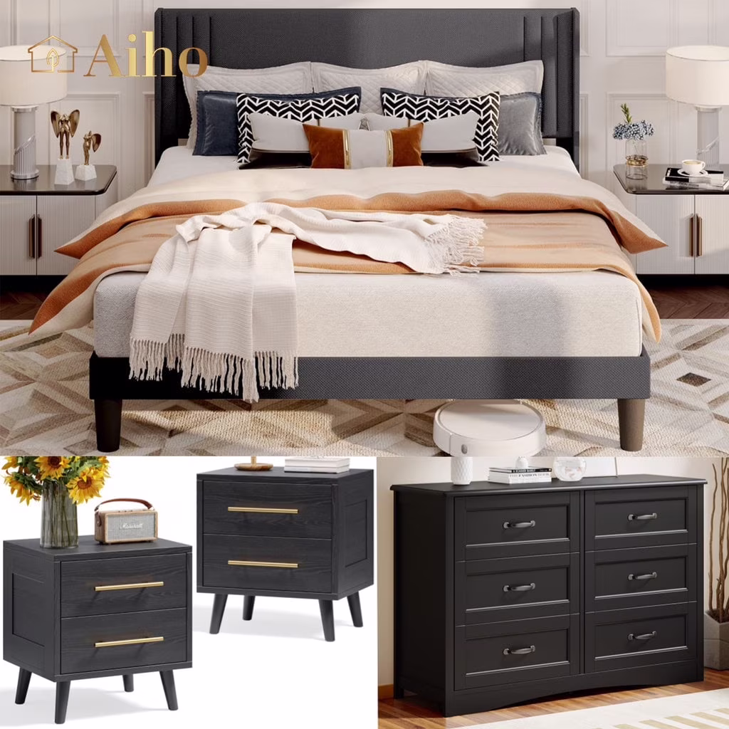 Aiho 4 Pieces Bedroom Furniture Set, Includes Queen Bed Frame, Nightstands Set of 2, Double Wide 6-Drawer Dresser - White - Image 3